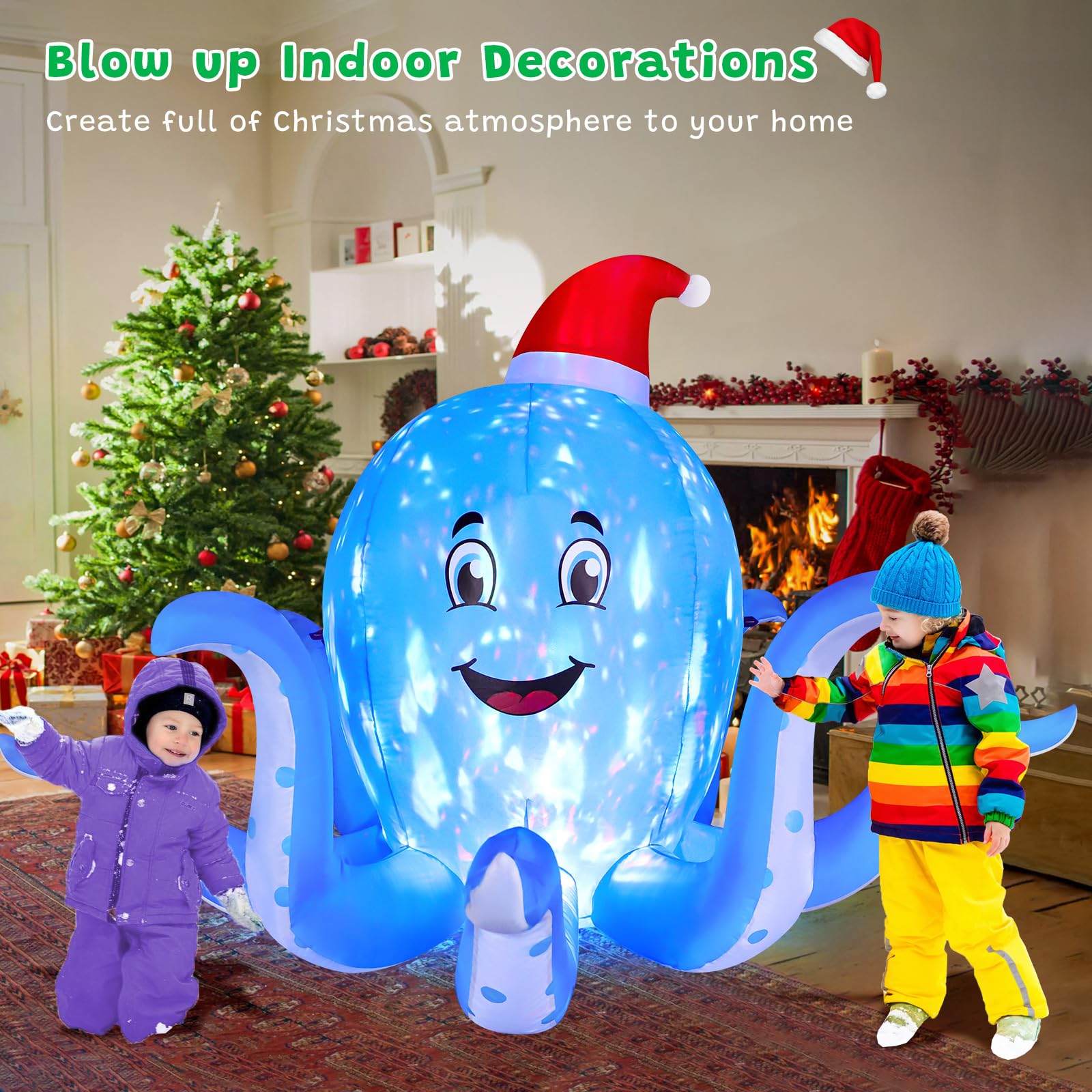 FunFanso 7FT Christmas Inflatable Octopus Outdoor Decorations, Blow up Blue Octopus with Xmas Hat Indoor Decor, Built-in Rotatin