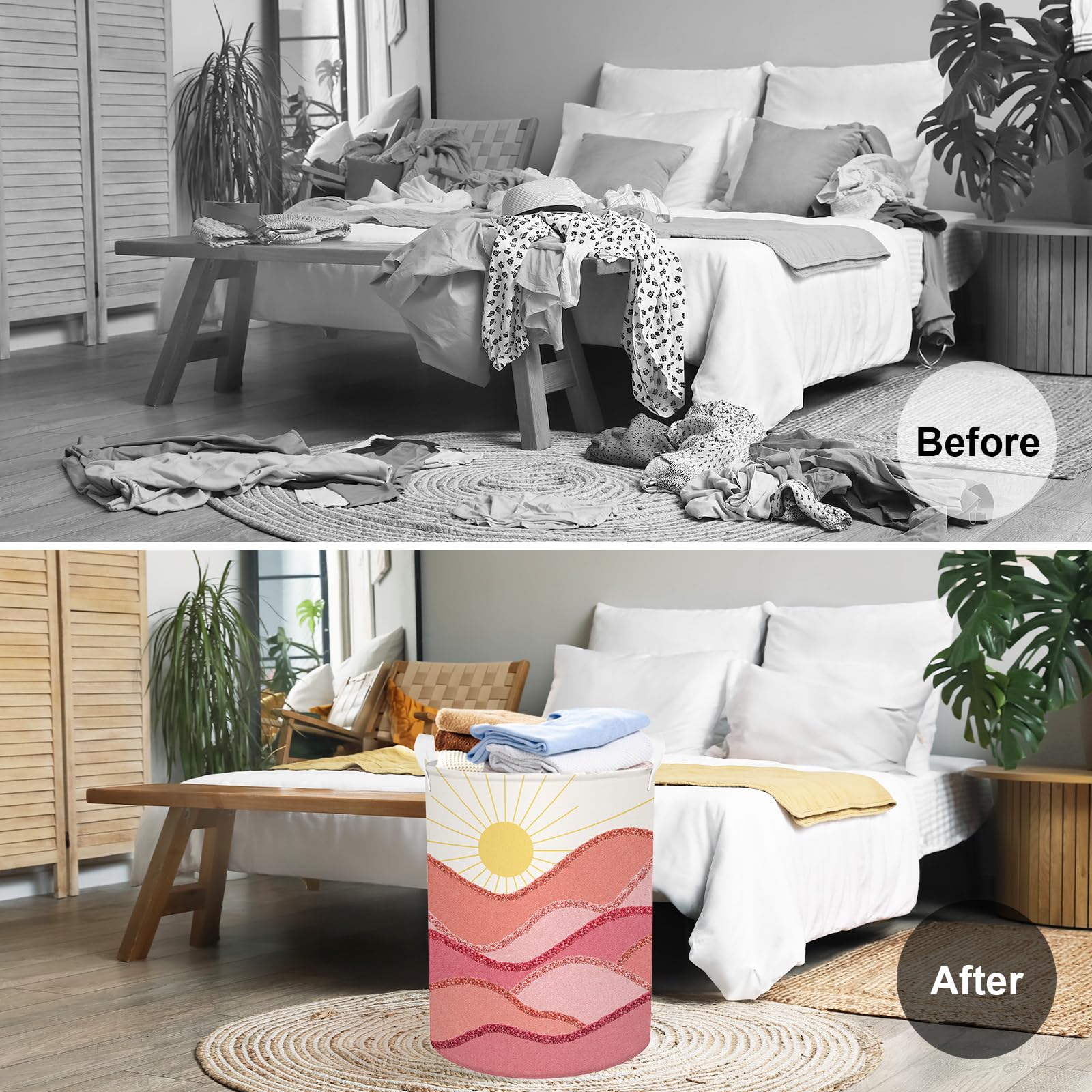 Clastyle 63L Pink Boho Sunrise Girl Hamper Outdoor Towel Storage Beach Blanket Pool Toy Basket Large Round Dirty Clothes Laundry