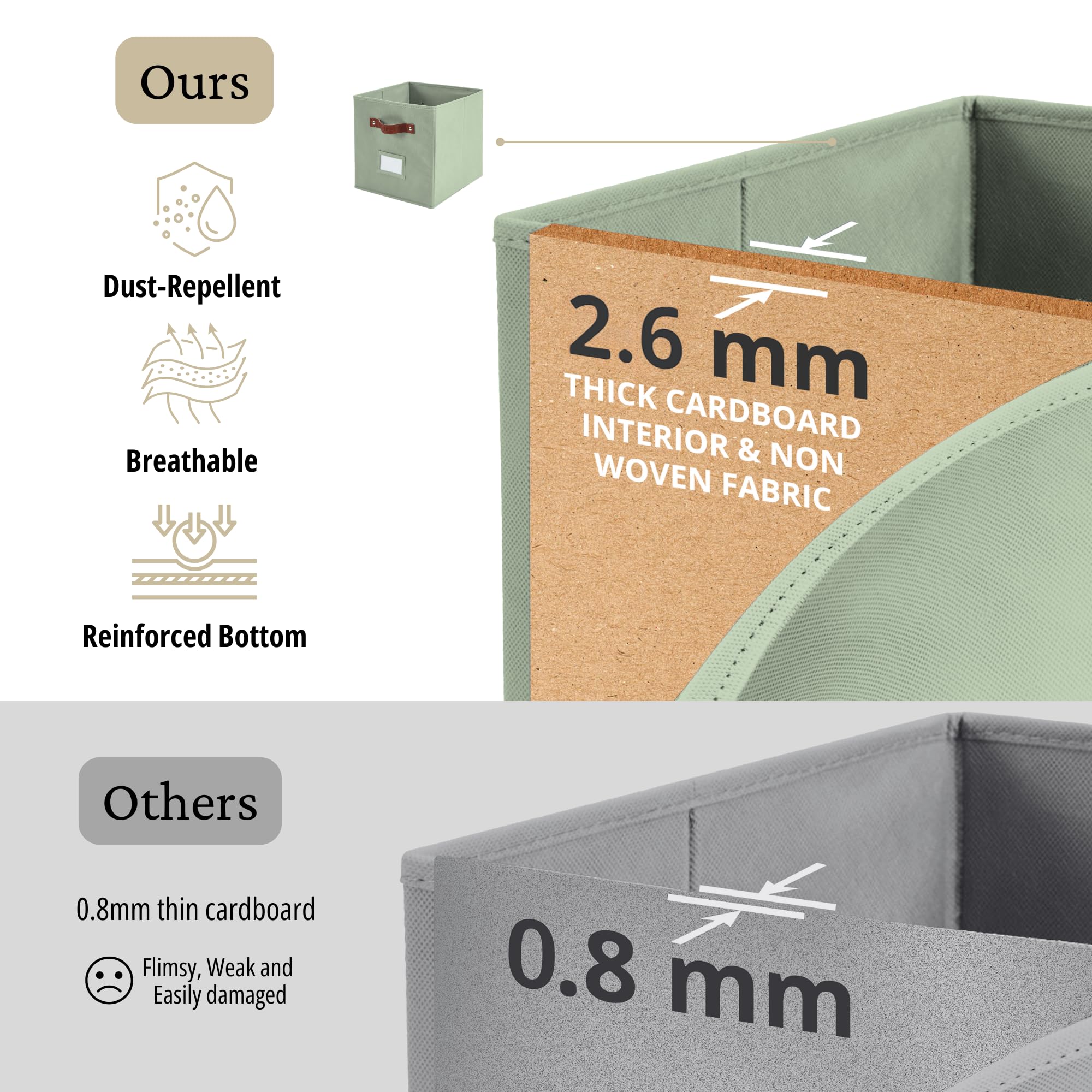 DECOMOMO Storage Cubes, 13x13x13 Storage Cube Bins with Labels, Fabric Organizer Bins (13 / 6pcs, Sage Green)