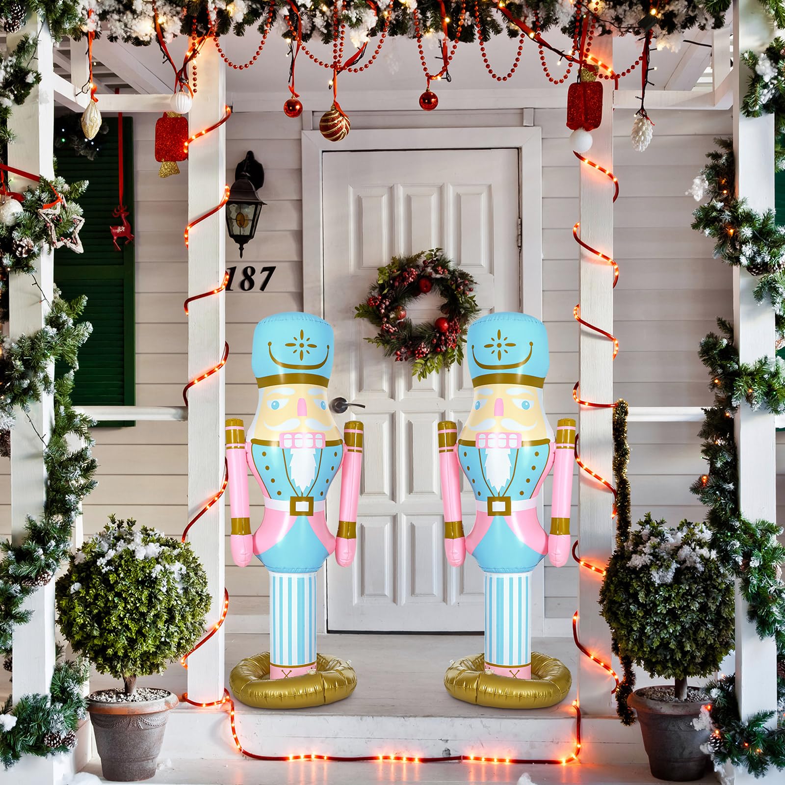 Leyndo 2pcs 5 ft Inflatable PVC Pastel Pink Nutcracker Figures Christmas Decor for Xmas Indoor Outdoor Lawn Weatherproof Decor(P
