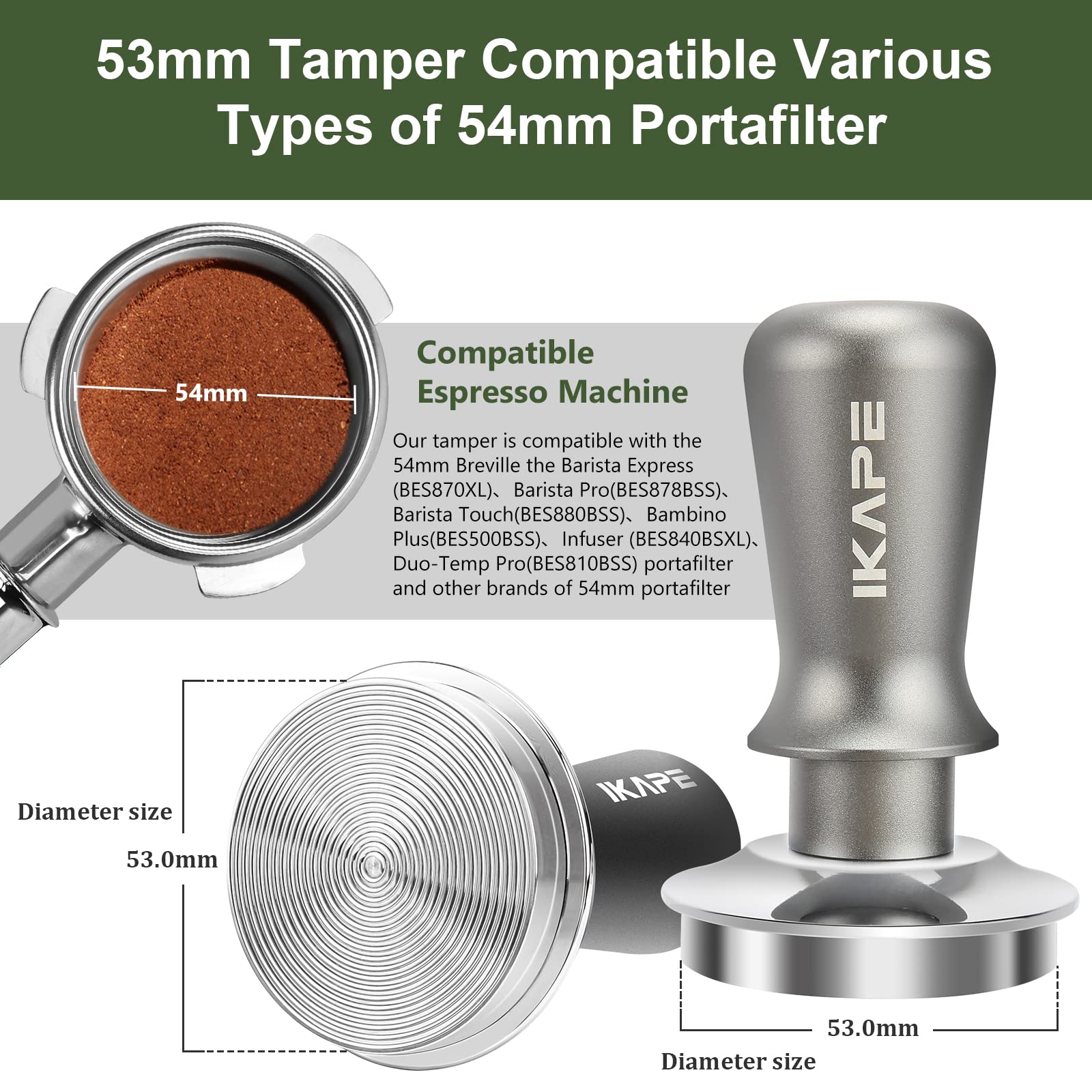 Ikape 53Mm Espresso Tamper, Premium Barista Coffee Tamper With Calibrated Spring Loaded, 100% Flat Stainless Steel Base Tamper F