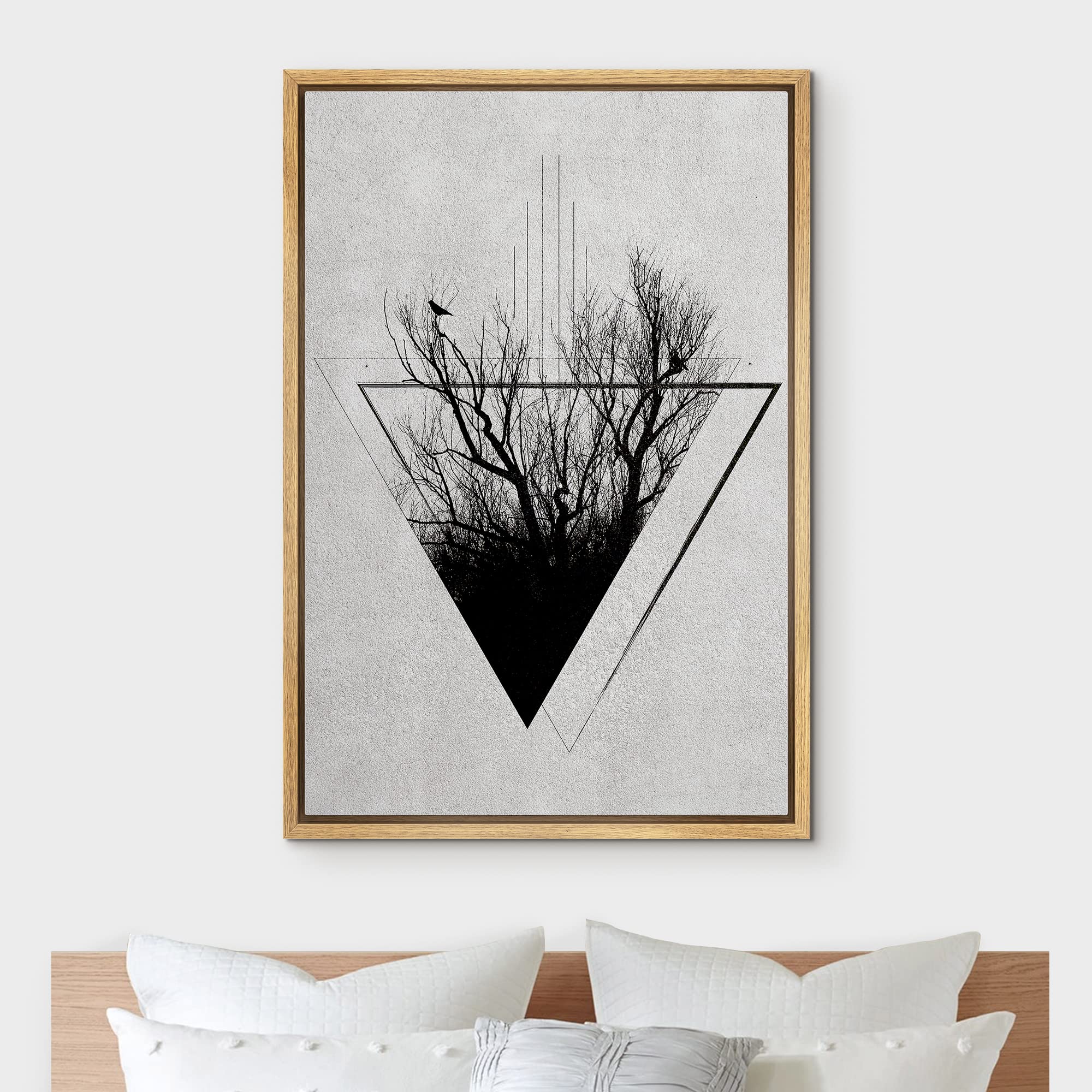 NWT Framed Canvas Print Wall Art Sketch Style Triangle Tree & Bird Silhouette Nature Wilderness Realism Minimalist Black and White for Living Room  Bedroom  Office - 24''x36'' Natural