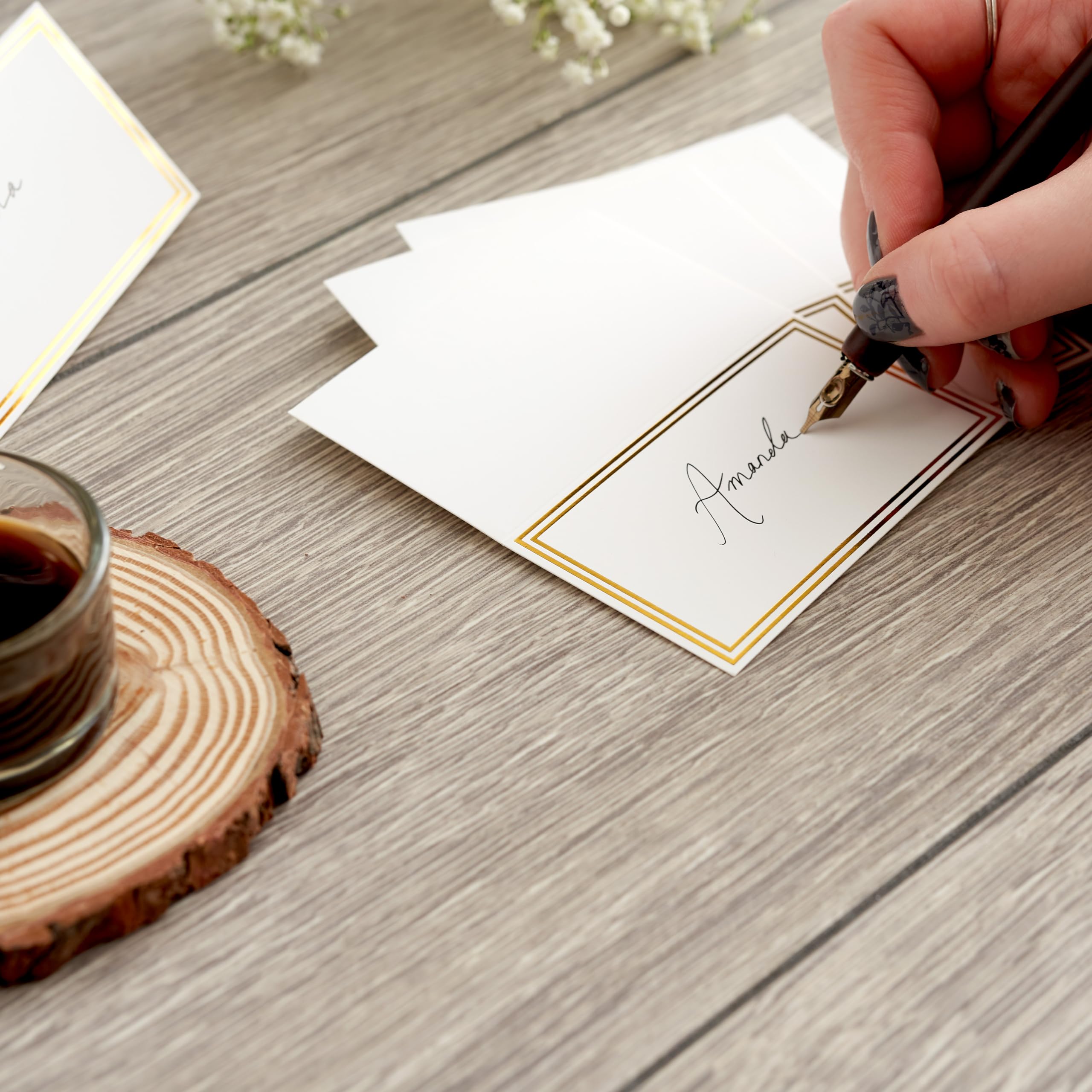 THE TWIDDLERS 200 Name Place Cards for Wedding Table Setting 3.5'' x 2'' Inch  White Blank Tent Name Cards with Gold Foil Border for Banquet  Reserved Seating  Dinner Parties