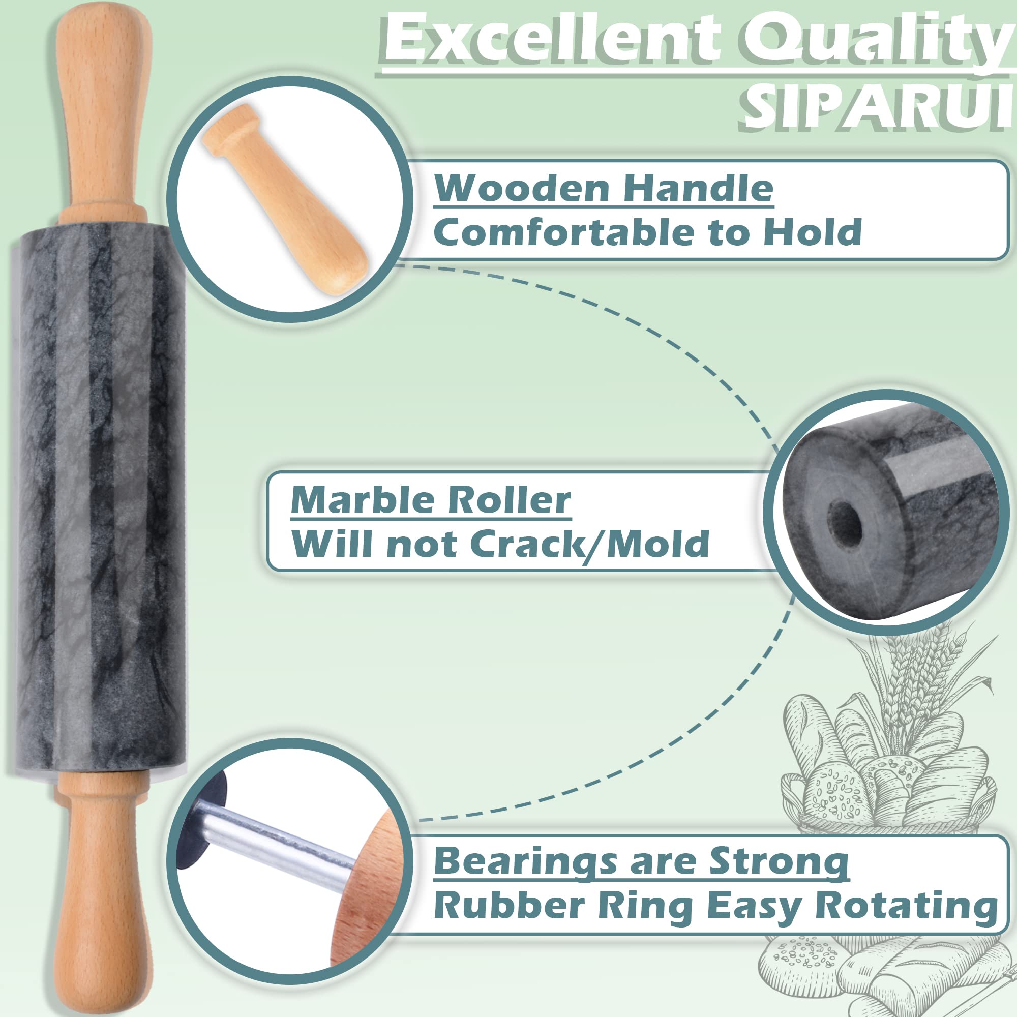 Siparui Marble Rolling Pin With Wooden Cradle Thick Handle Set For Baking,18.5 Inch Premium Quality Polished Roller For Pizza Do