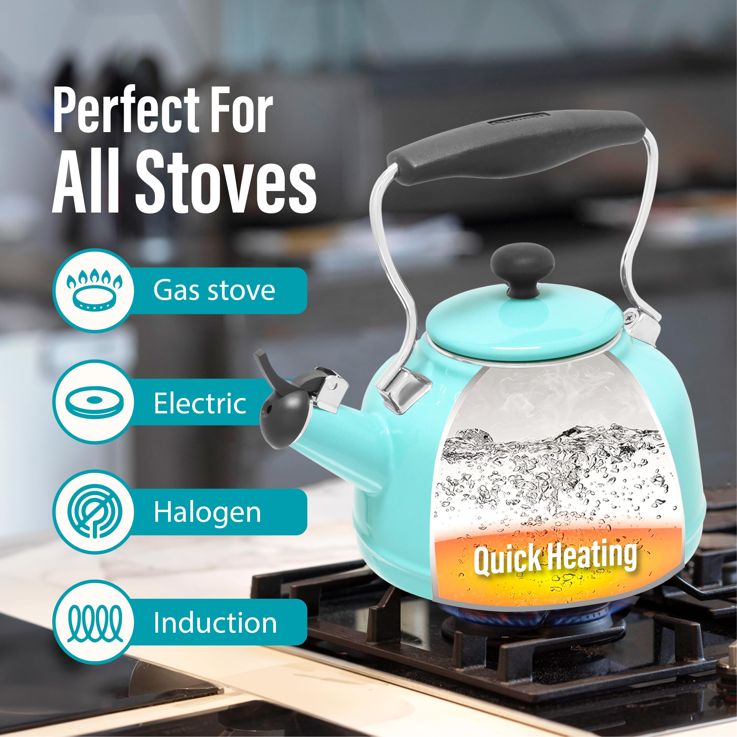 Chantal Tea Kettle, 1.7 Qt, Vintage Series, Premium Enamel On Carbon Steel, Whistling, Even Heating & Quick Boil (Aqua)
