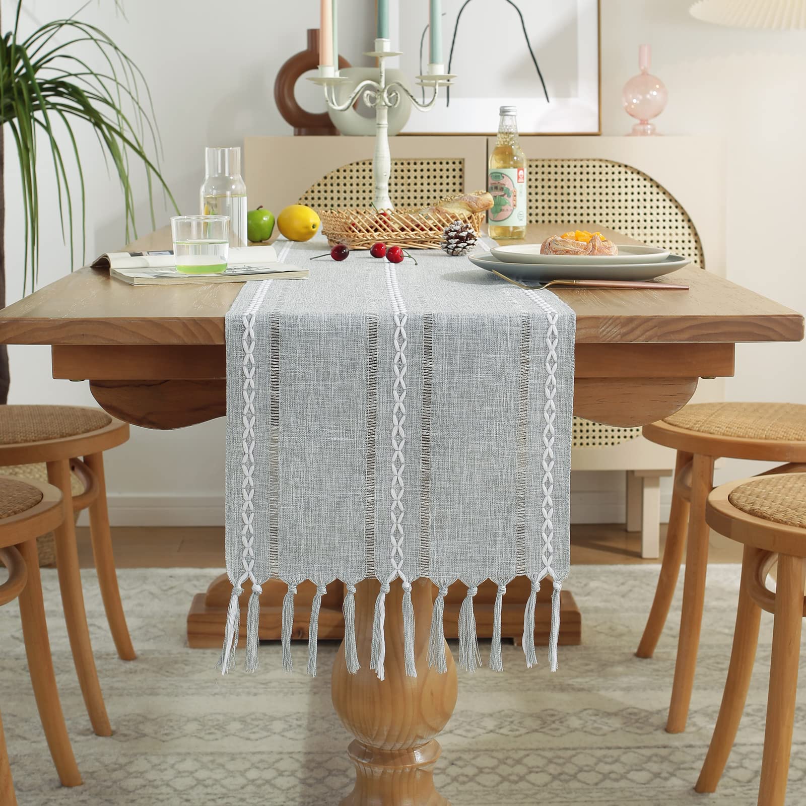 Wracra Rustic Hemstitch Table Runner, Linen Farmhouse Table Runners 90 Inches Long With Tassels For Dining Kitchen Coffee Table