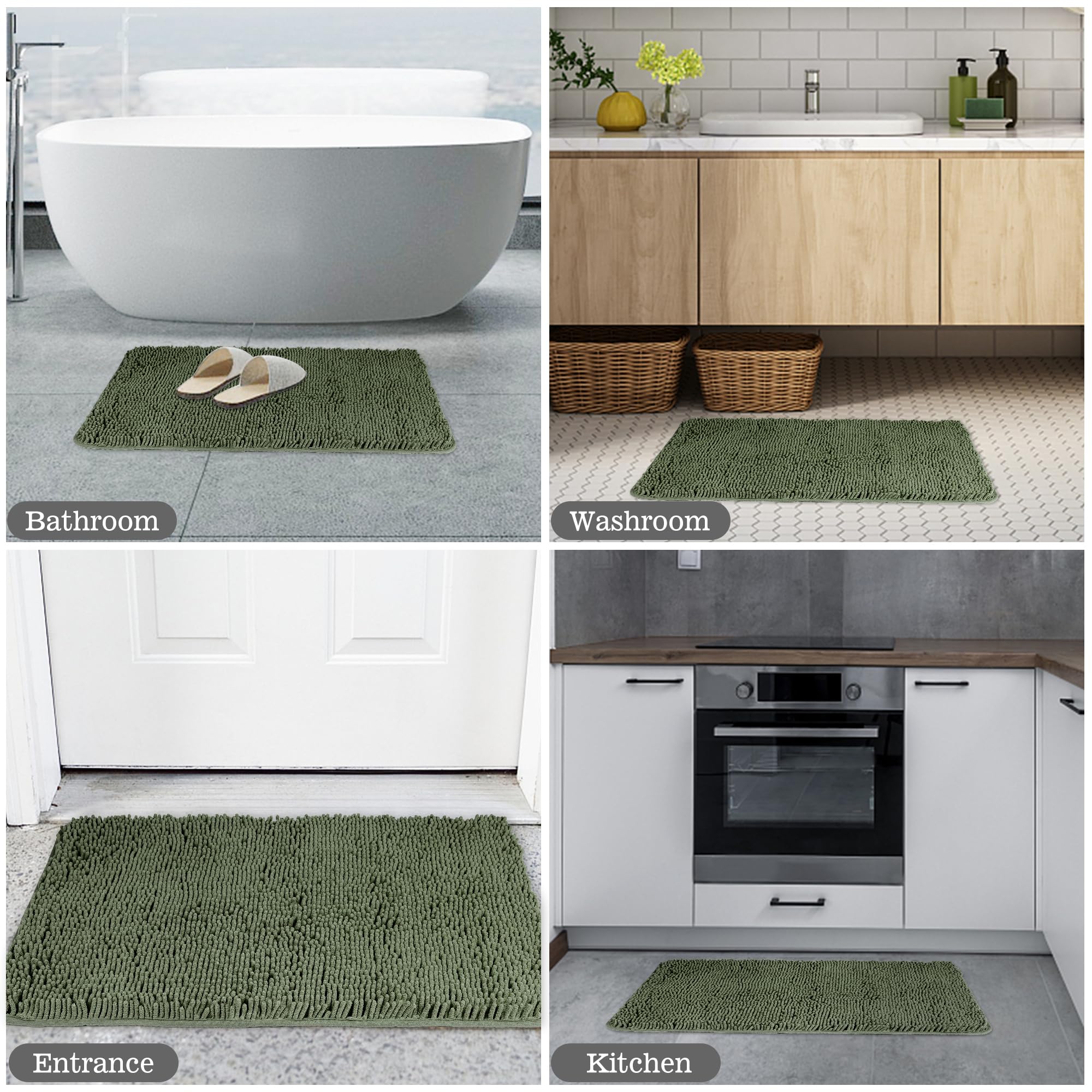 Yeaban Olive Green 47 X 17 Bathroom Rug - Thick Chenille Bath Mats | Absorbent And Washable Bath Rug Non-Slip, Plush And Soft Ru