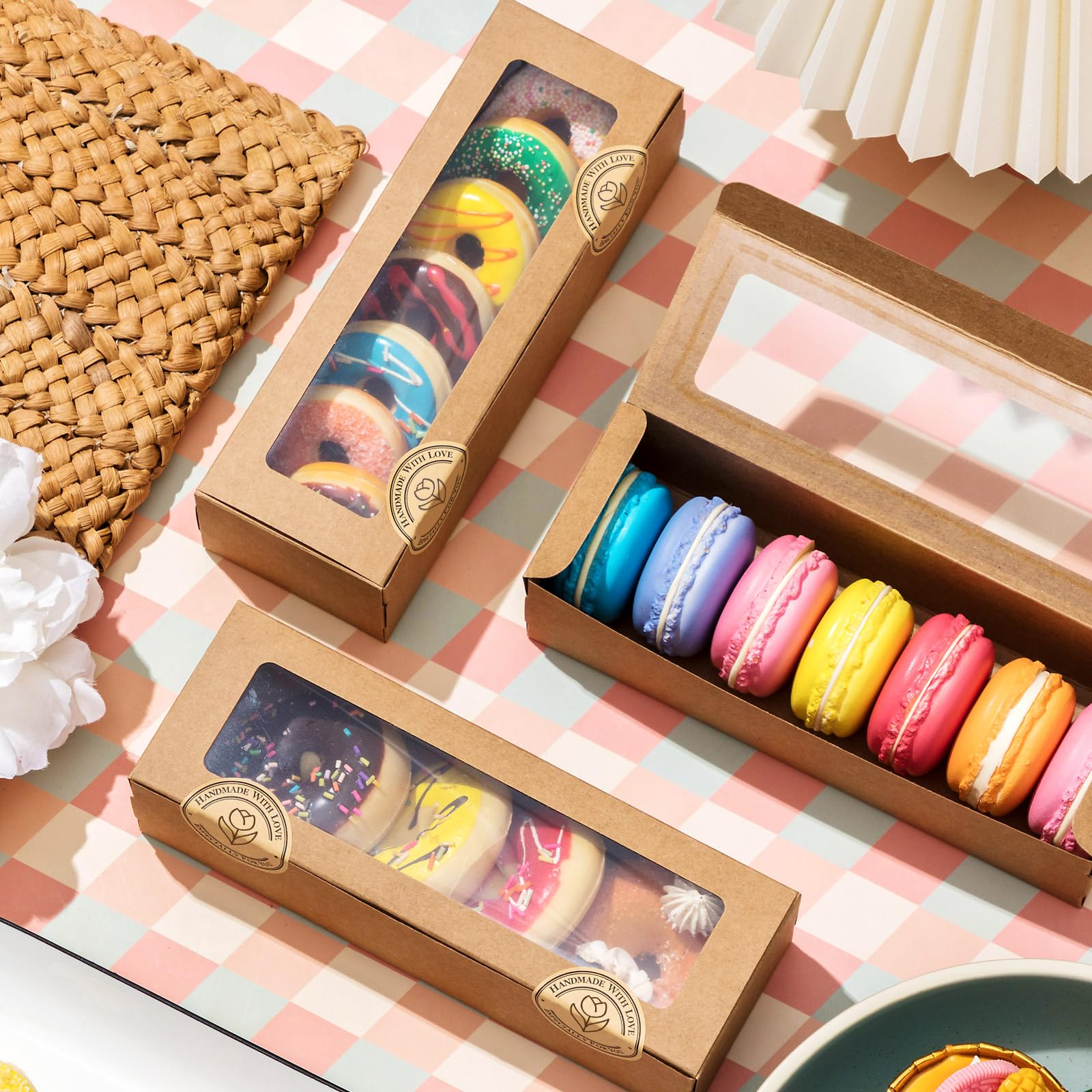Sherr 50 Pcs Brown Macaron Boxes with Window, Cookies Boxes with 200 Pcs Stickers Long Bakery & Dessert Gifts Containers for Don