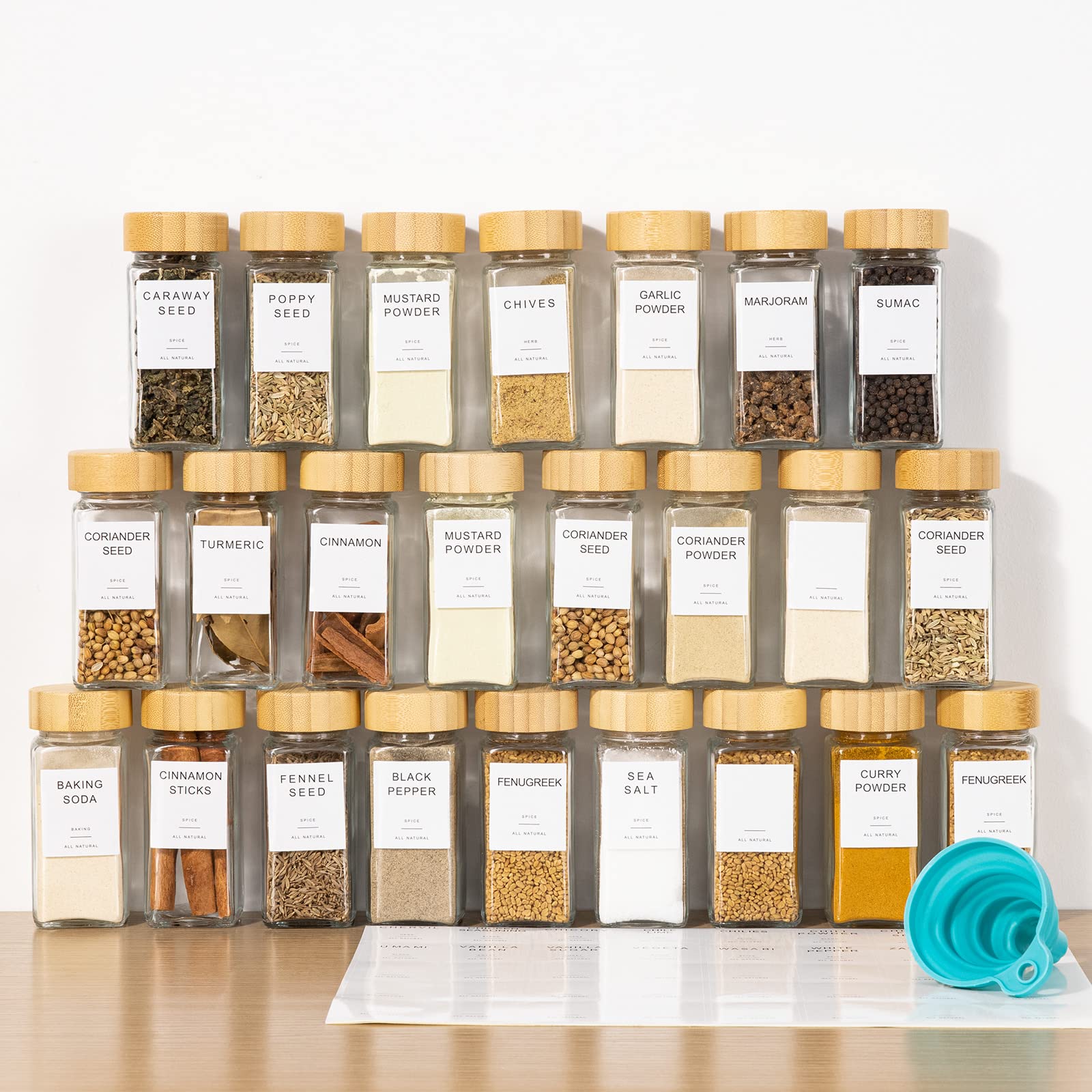 Favorflavor 24 Pcs Spice Jars With Label, 4.3Oz Thickened Glass Seasoning Jars With Bamboo Lids, Airtight Sealing Seasoning Bott
