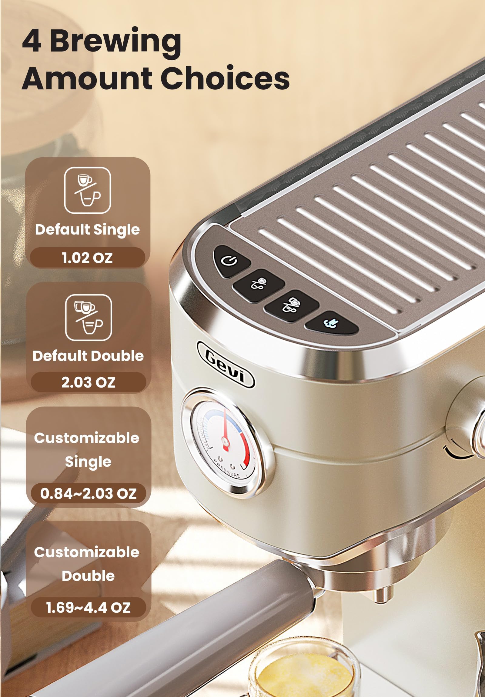 Gevi Commercial Espresso Maker - Stainless Steel Latte Machine with Milk Frother, 12.3"D x 5.5"W x 12"H, Beige, Model ECMG0-WH0A