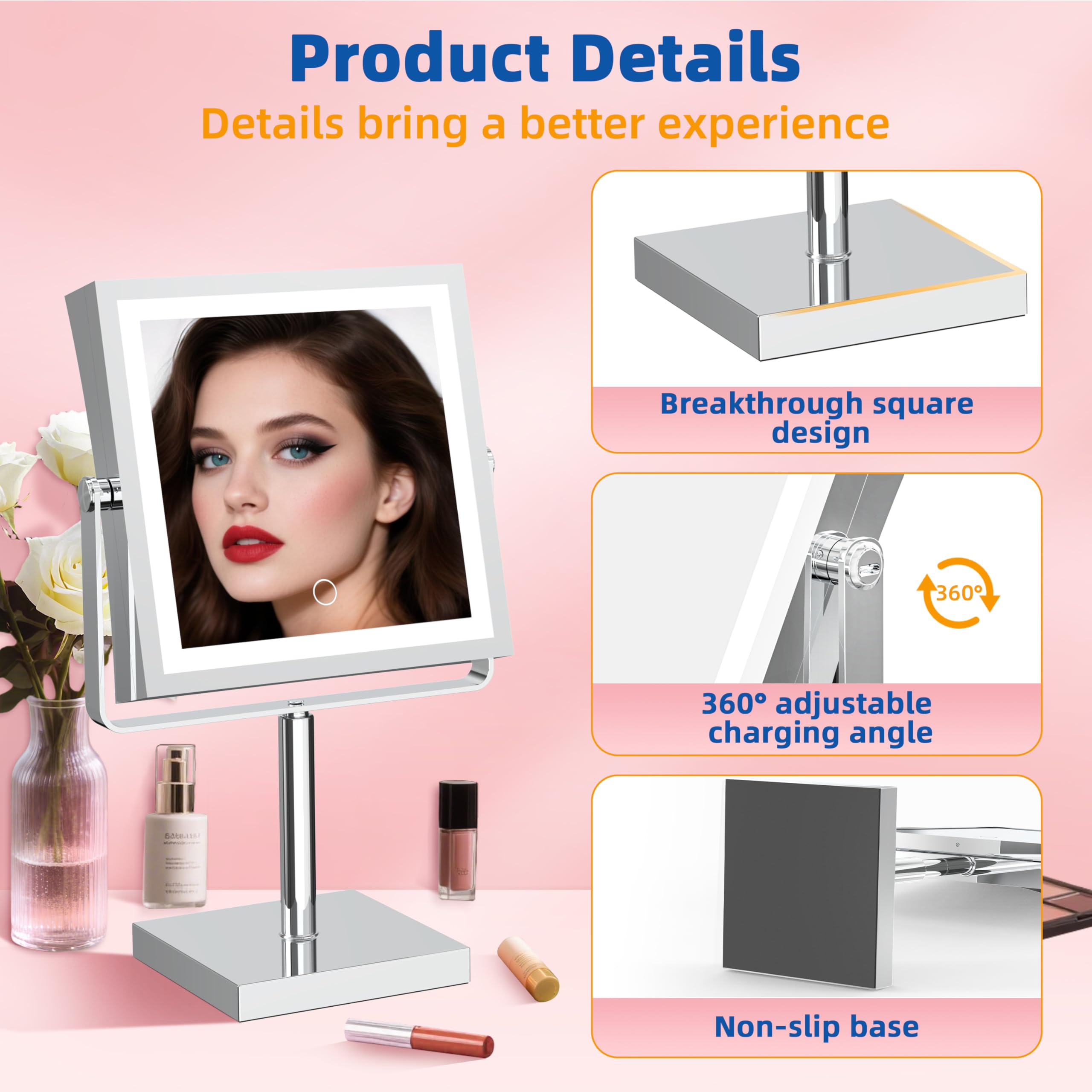 Ruacq Rechargeable Makeup Mirror, 4000Mah Lighted Makeup Mirror With Magnification 1X/10X, Height Adjustable Vanity Mirror With