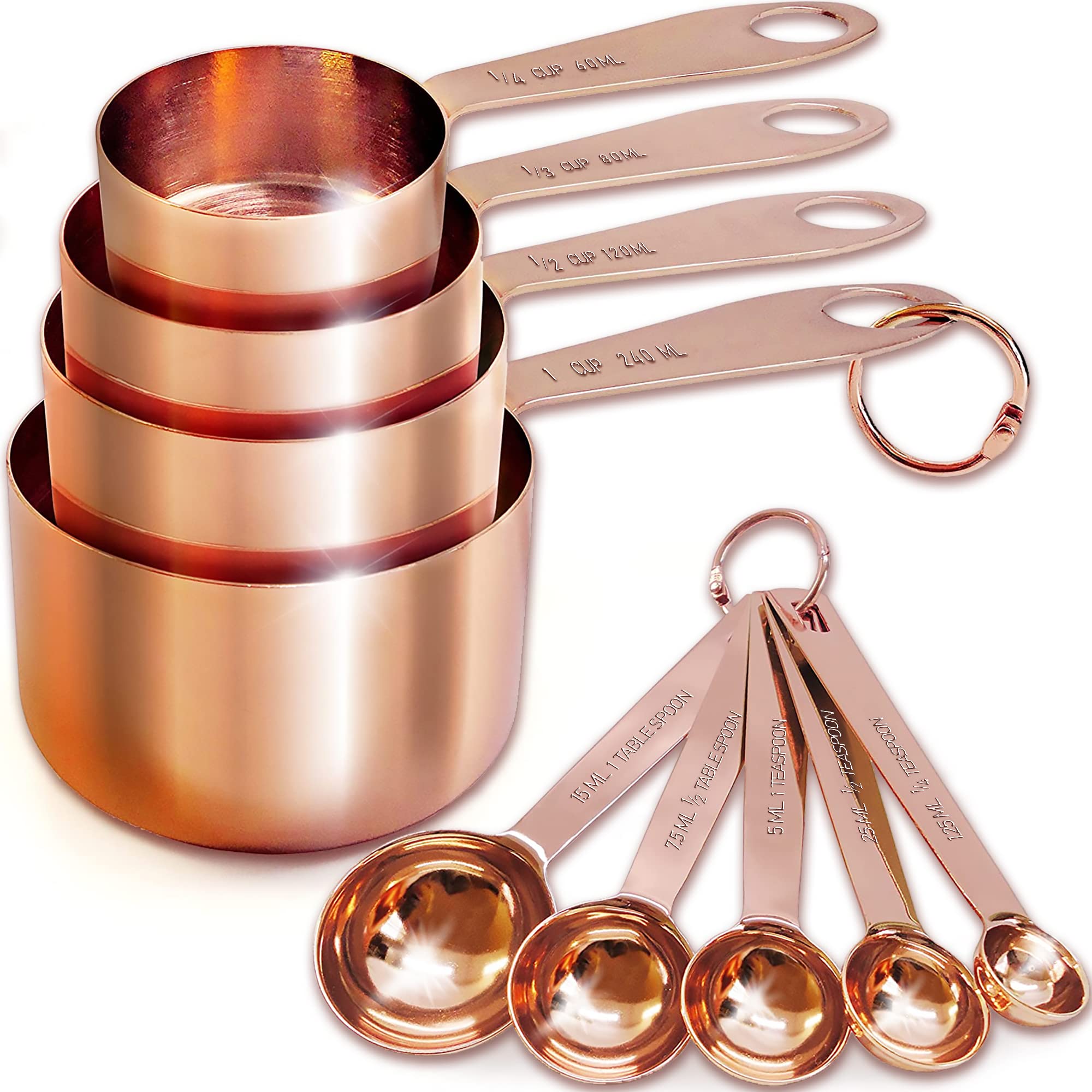 Agrus Measuring Cups And Spoons Set Of 9, Utensils For Dry And Liquid Ingredients, Copper Kitchen Accessories, Rose Copper Decor