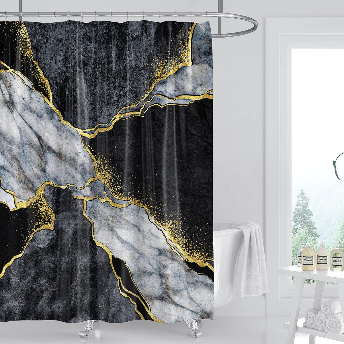 Domoku Black Gold Marble Shower Curtain,Black Golden Cracked Lines Abstract Modern Shower Curtain For Bathroom Decor,Waterproof