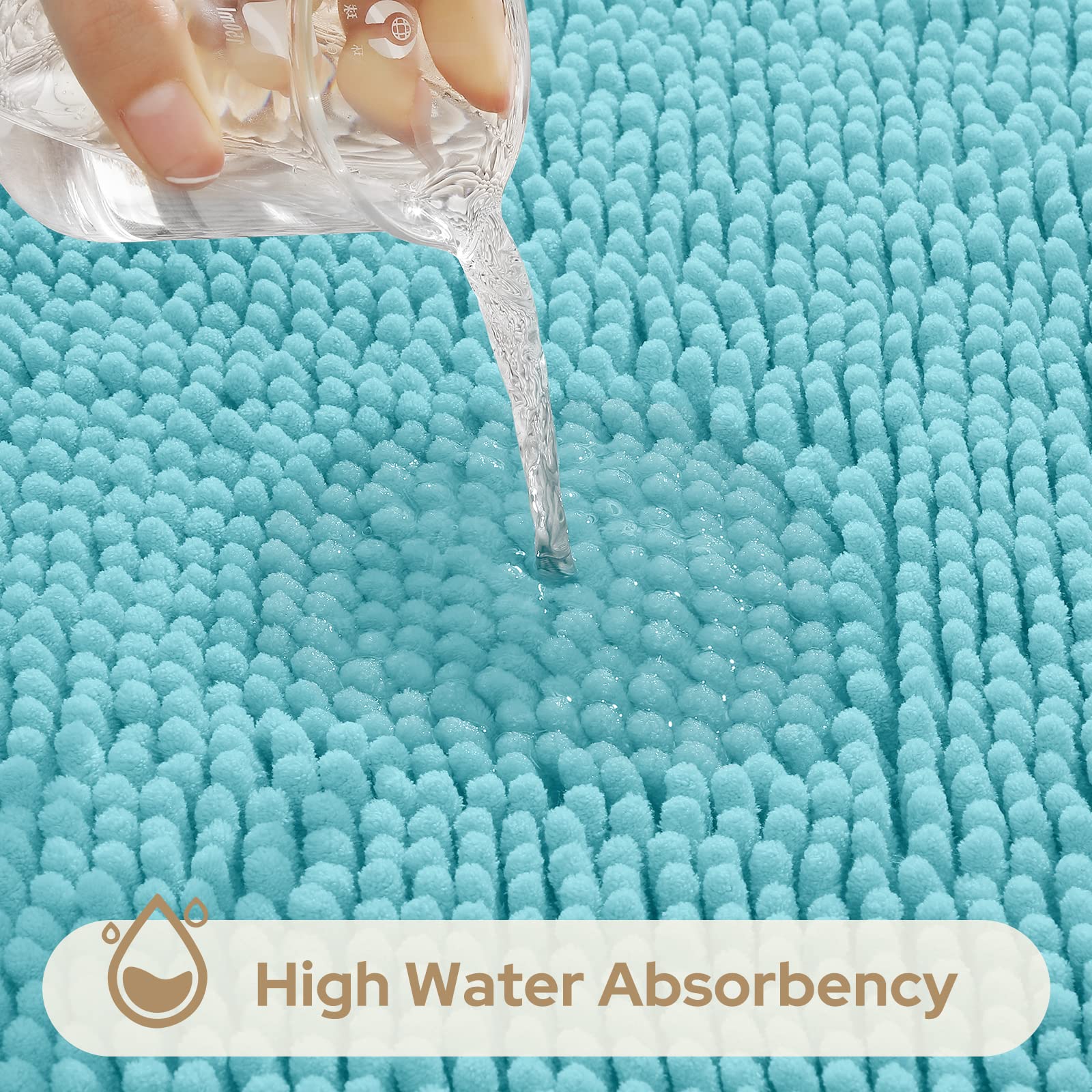 HOMEIDEAS 3 Pieces Bathroom Rugs  Ultra Soft Non Slip Absorbent Chenille Toilet Bath Mat Set (Aqua Blue)