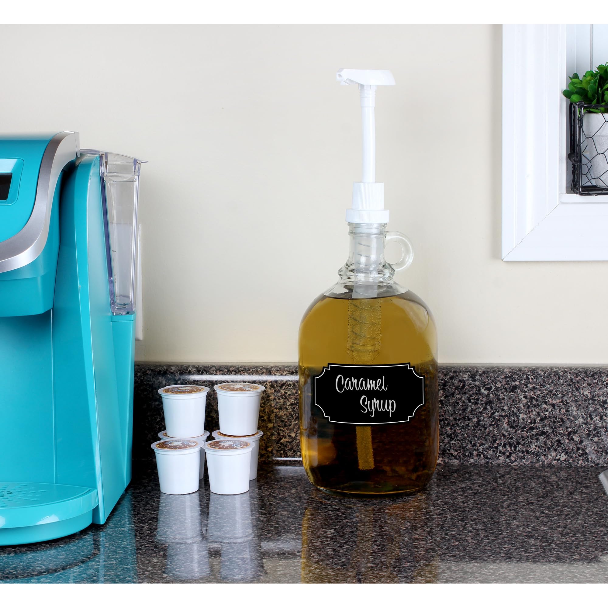 Cornucopia Half Gallon Glass Pump Dispenser Bottle, 64-Ounce Jug With Pump For Sauces, Syrups, Soaps And More Clear, White