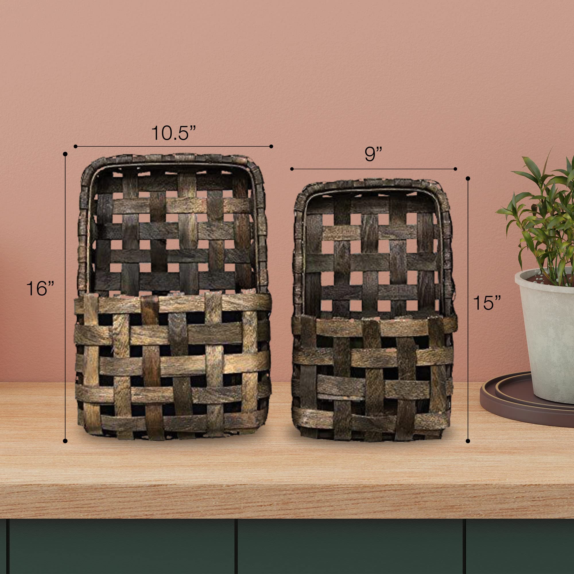 Cwi Wood Hanging Basket - Small And Large Wall Organizer And Storage Basket - Country-Style Home Decor - 2 - Aged Brown