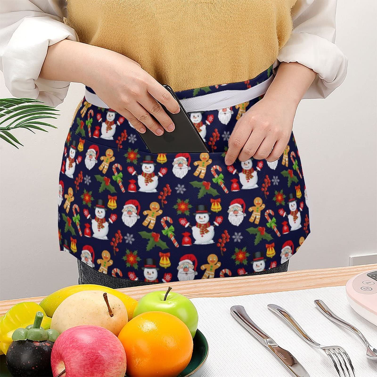 Merry Christmas Half Waist Apron With 3 Pockets Adjustable Chef Cooking Serving With Long Strap Aprons For Women Men Kitchen Res