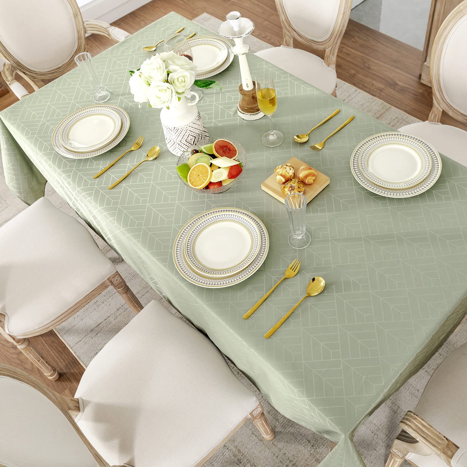 Efficinature Rectangle Tablecloths 60 X 84 Inch Waterproof Washable Sage Green Oblong Table Clothes For 6 Foot Tables Geometry S