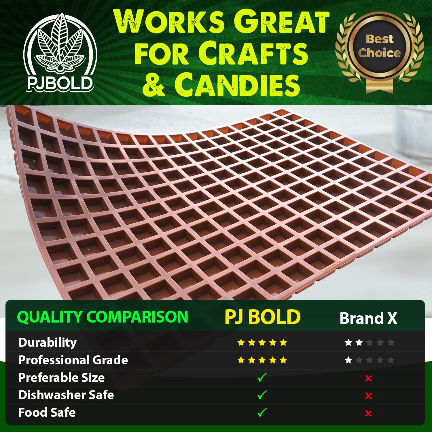 PJ Bold Square Silicone Candy Mold - 4mL Half Sheet, Brown, Model Q1075