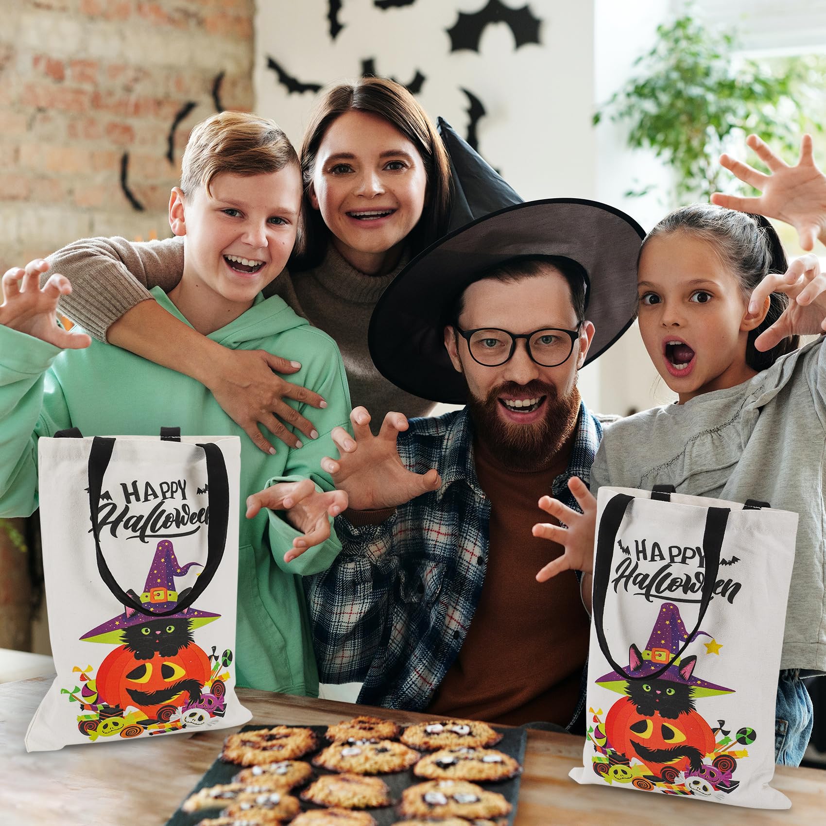 Atfunshop Halloween Tote Bag 15.7'' Trick Or Treat Bag Halloween Canvas Bags Reusable Large Halloween Grocery Bag For Kids Cat