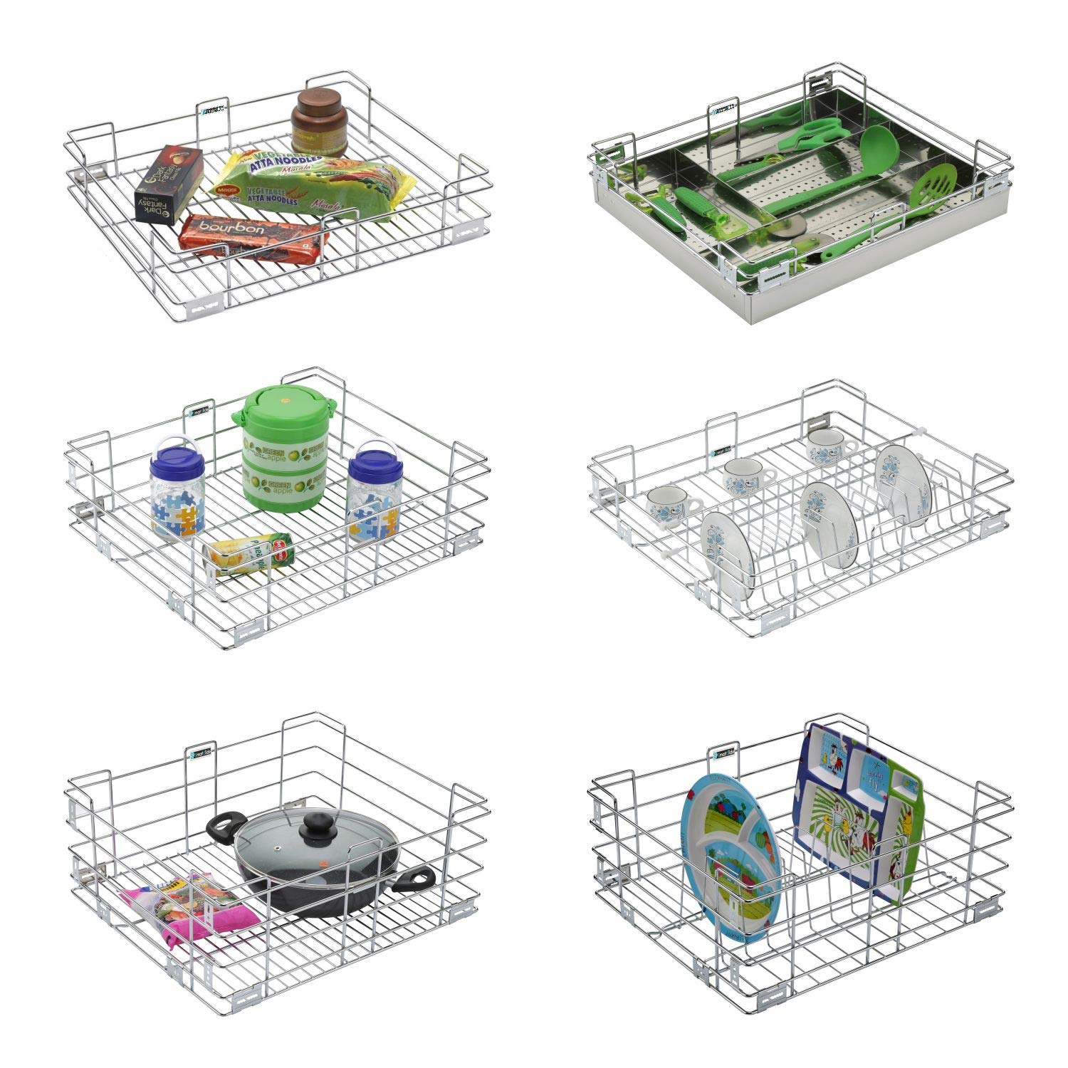Smartslide Pack Of 6 Stainless Steel Modular Kitchen Basket/Plate Basket/Cutlery Tray For Modular Kitchen/Cup Stand/Kitchen Draw