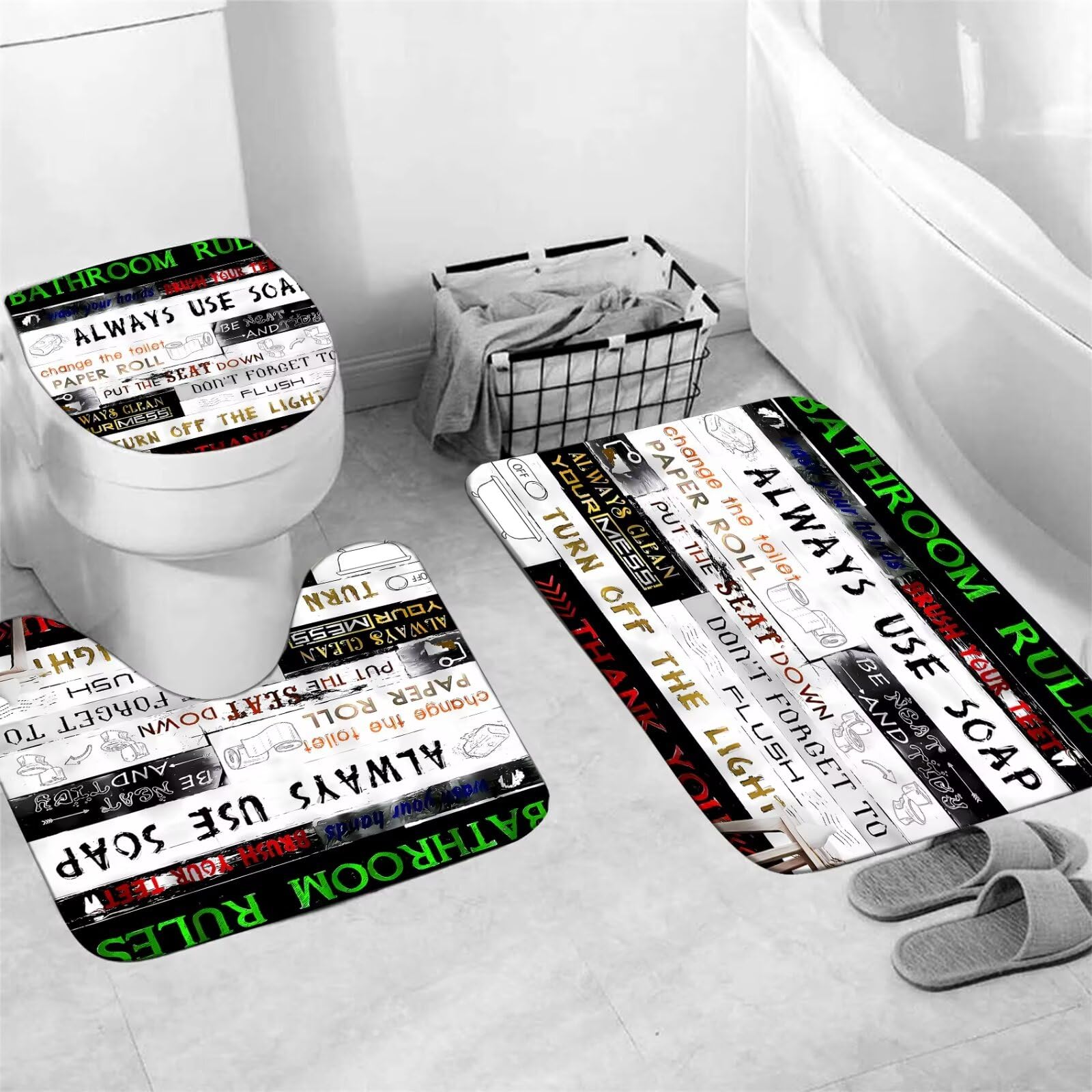 Azhm Letter Plank Pattern Shower Curtain Set For Bathroom 4 Pcs Black Bathroom Accessory Decor Sets With Shower Curtain And Rugs