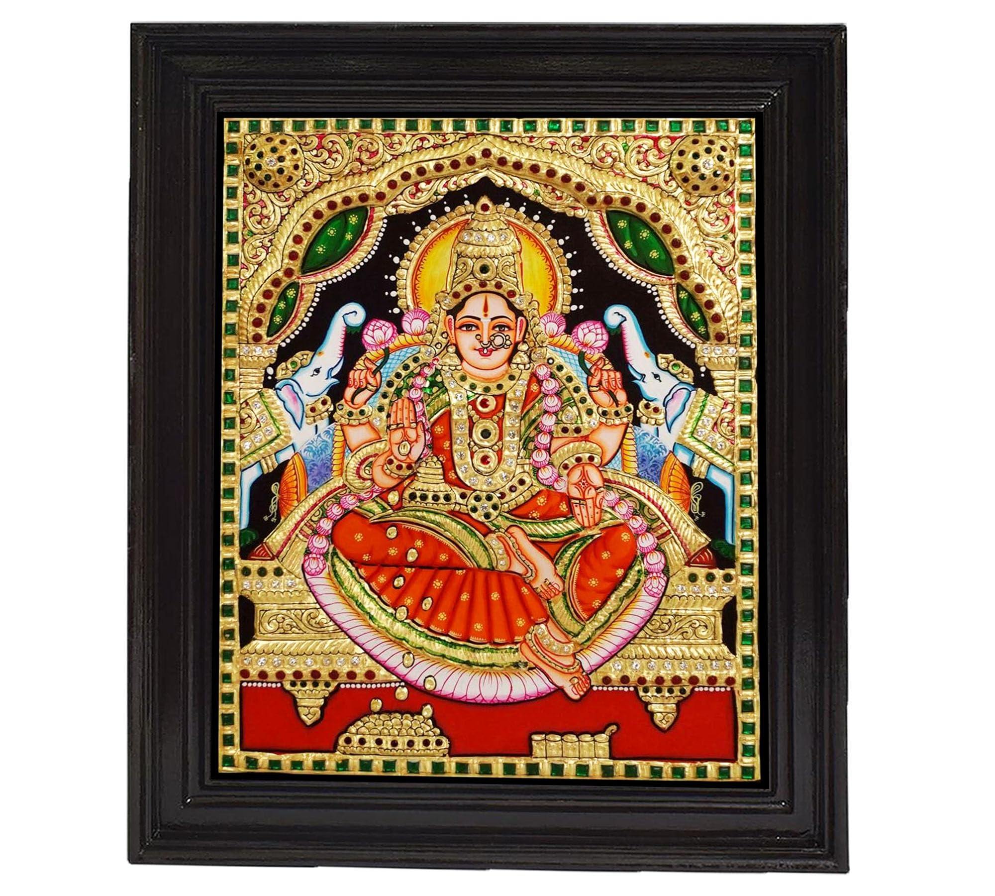 Tarang Arts Gaja Lakshmi Tanjore Paintings With Wooden Frame, 3D Emboss Design, Gold Foil, Jaipur Stones Handwork Painting For H