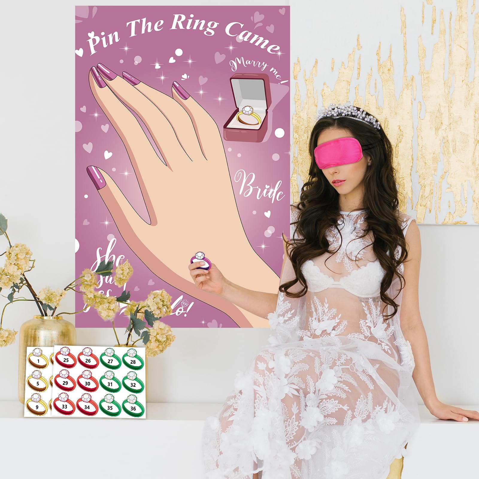 Hxezoc Pin The Ring On The Bride Game With 48 Pcs Rings, Large Bridal Party Games Poster For Bachelorette Party, Bridal Shower,