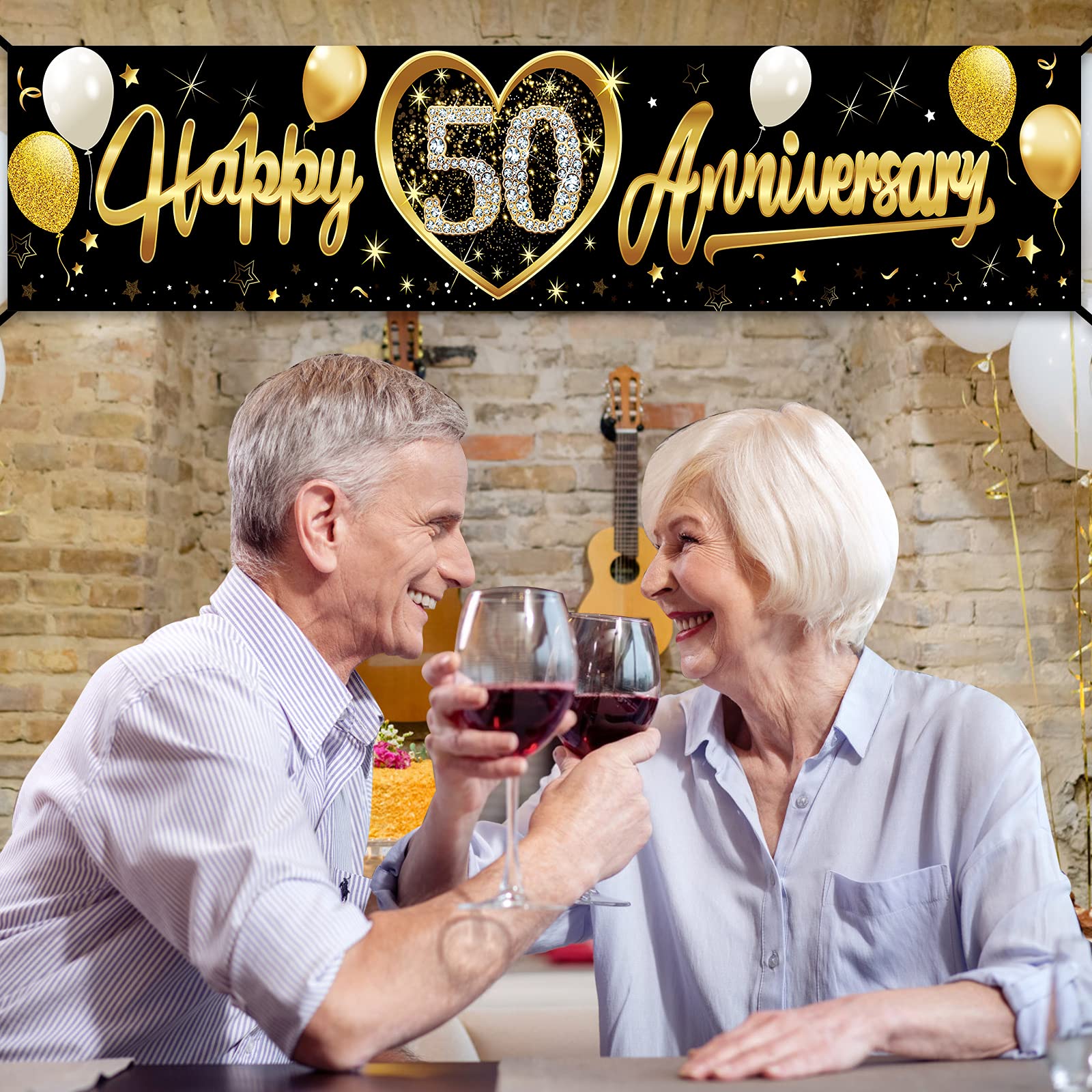 Happy 50Th Wedding Anniversary Banner Decorations, Black Gold 50Th Anniversary Sign Party Supplies, 50Th Wedding Anniversary Ban