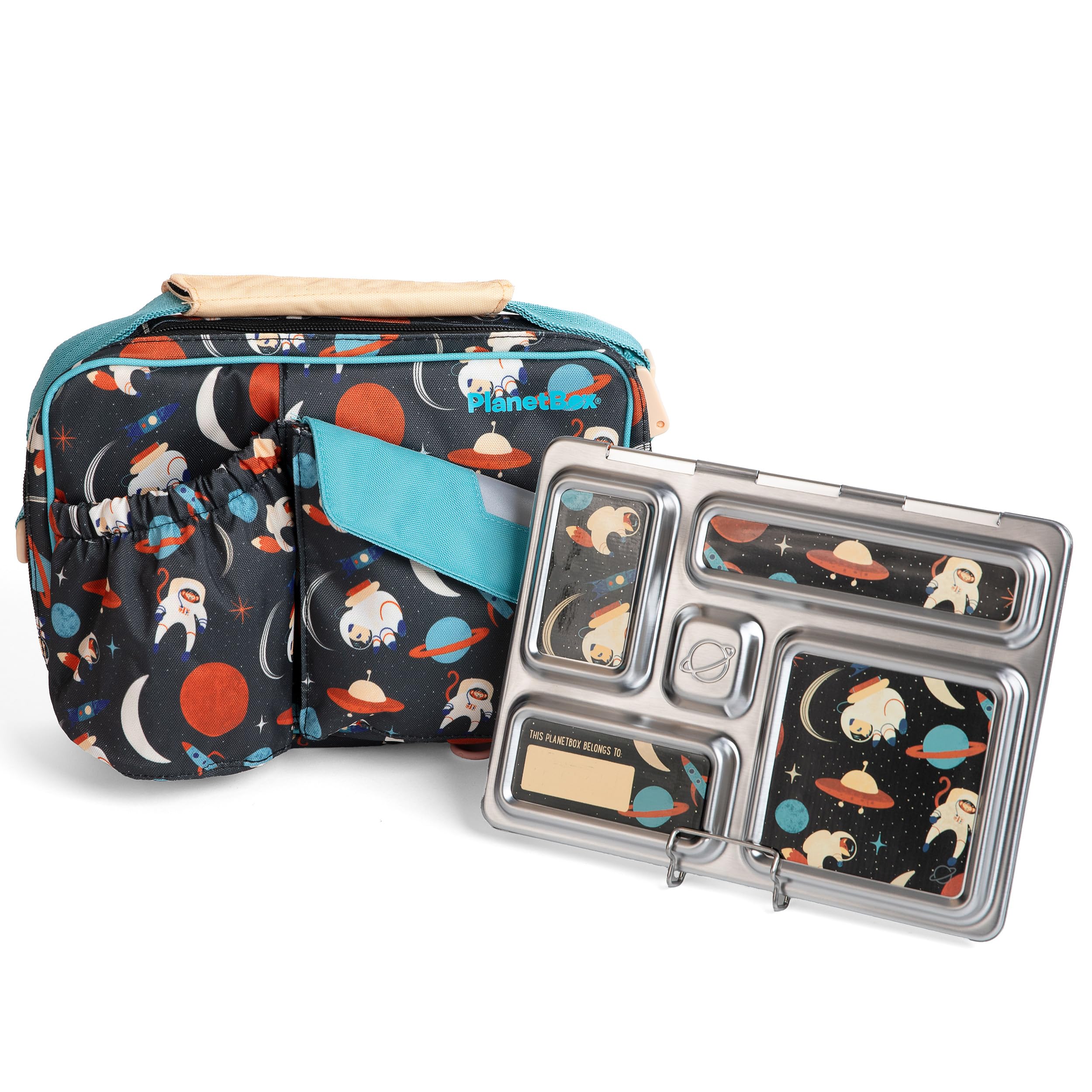 PlanetBox Rover Stainless Steel Bento Box Style Lunch Box Kit for Kids with 5 Compartments - Space Animals Edition includes Insu