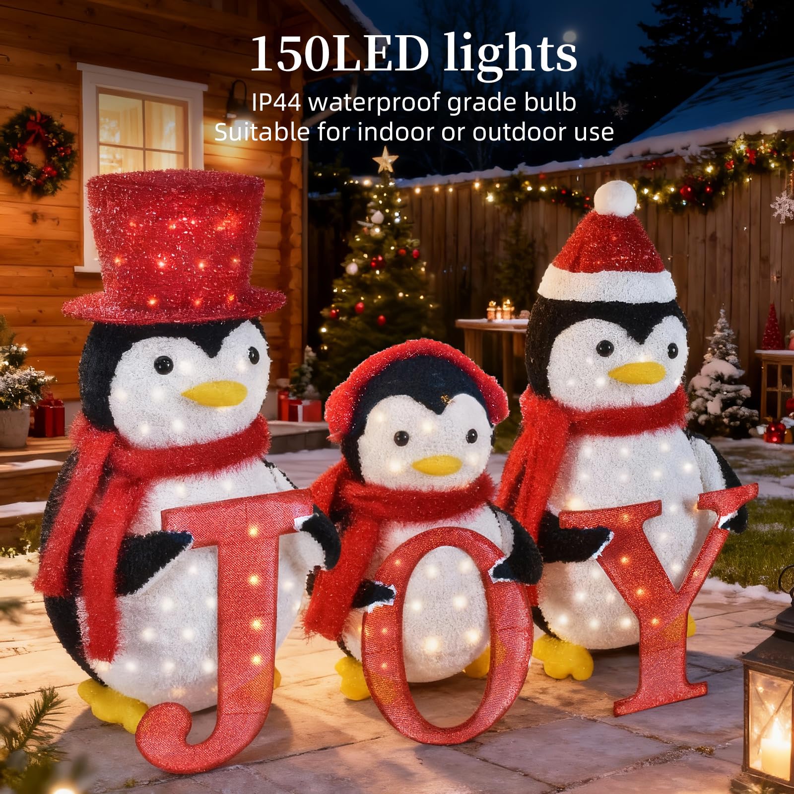 HOYECHI 3-Piece Lighted Christmas Penguin Family Set - Outdoor Yard Decoration Pop-Up Penguin with 150 LED Lights, Joy Sign, Hol
