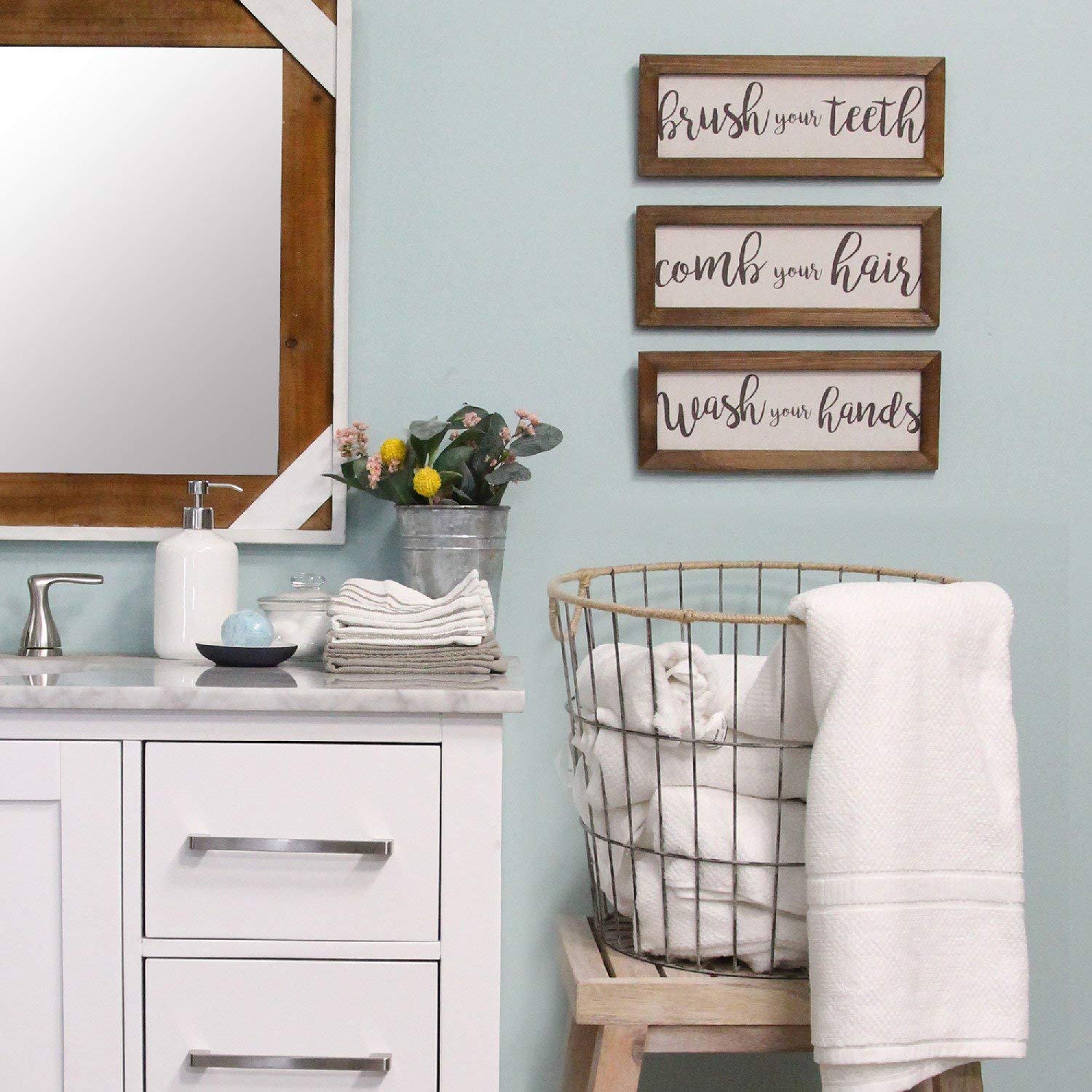 Set Of 3 Linen Bathroom Rules Wood Framed Wall Art