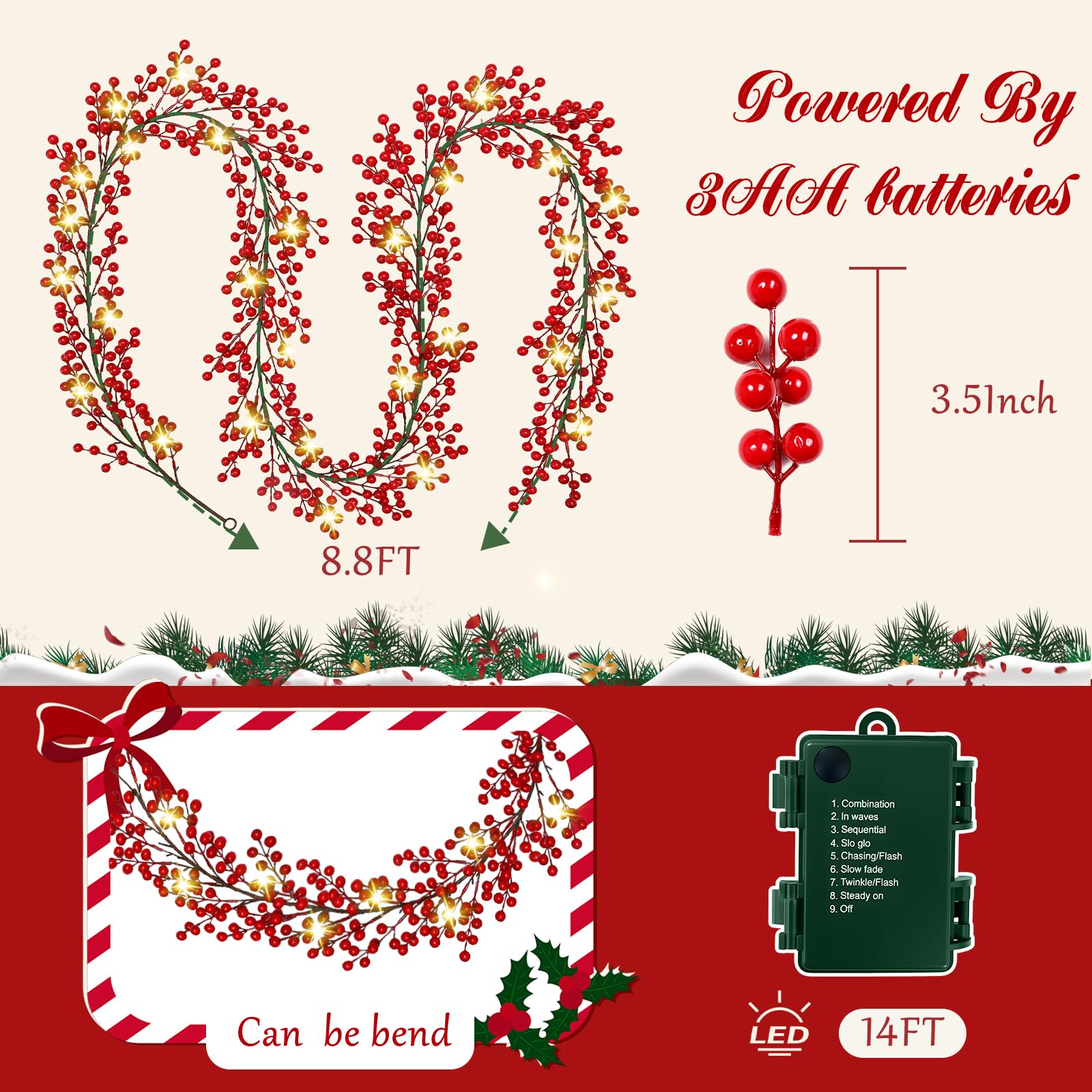 Joyhalo 2 Pack 8.8FT Christmas Red Berry Garland with String Lights, Artifial Burgundy Berry Garland for Christmas Tree, Valenti