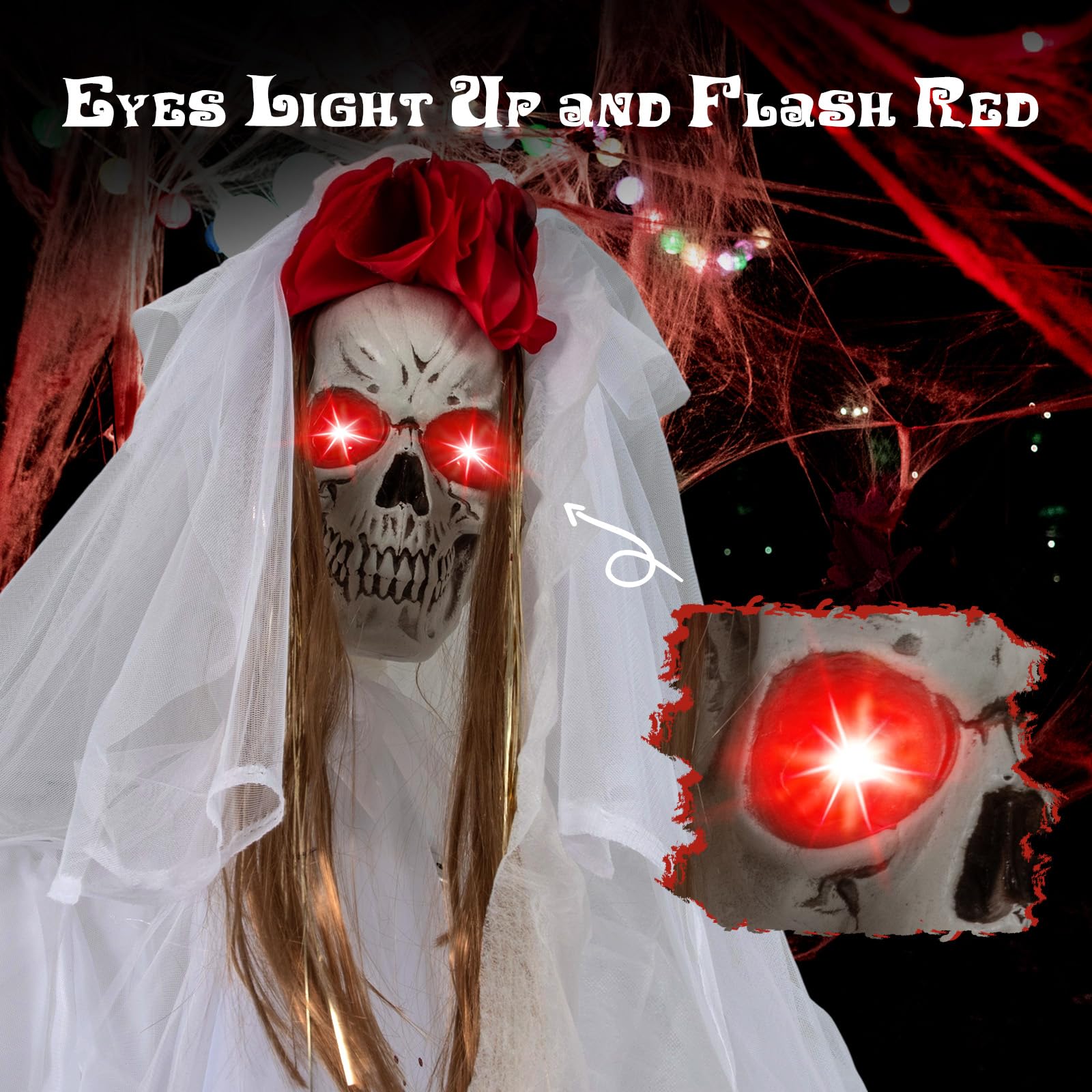 Tangkula Halloween Animatronic Skeleton Bride& Groom Set, 7.2 FT Haunted House Decoration w/Sound-Activated Light-up Eyes, Sound