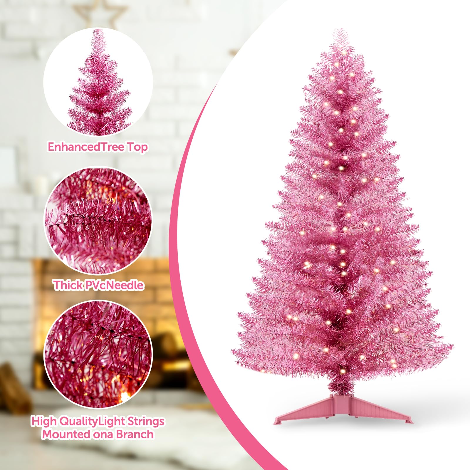 Santanelo 4FT Pink Artificial Christmas Tree with Light, Small Snowy Artificial Xmas Tree, Not Pre-lit mini Pink Tree with Light