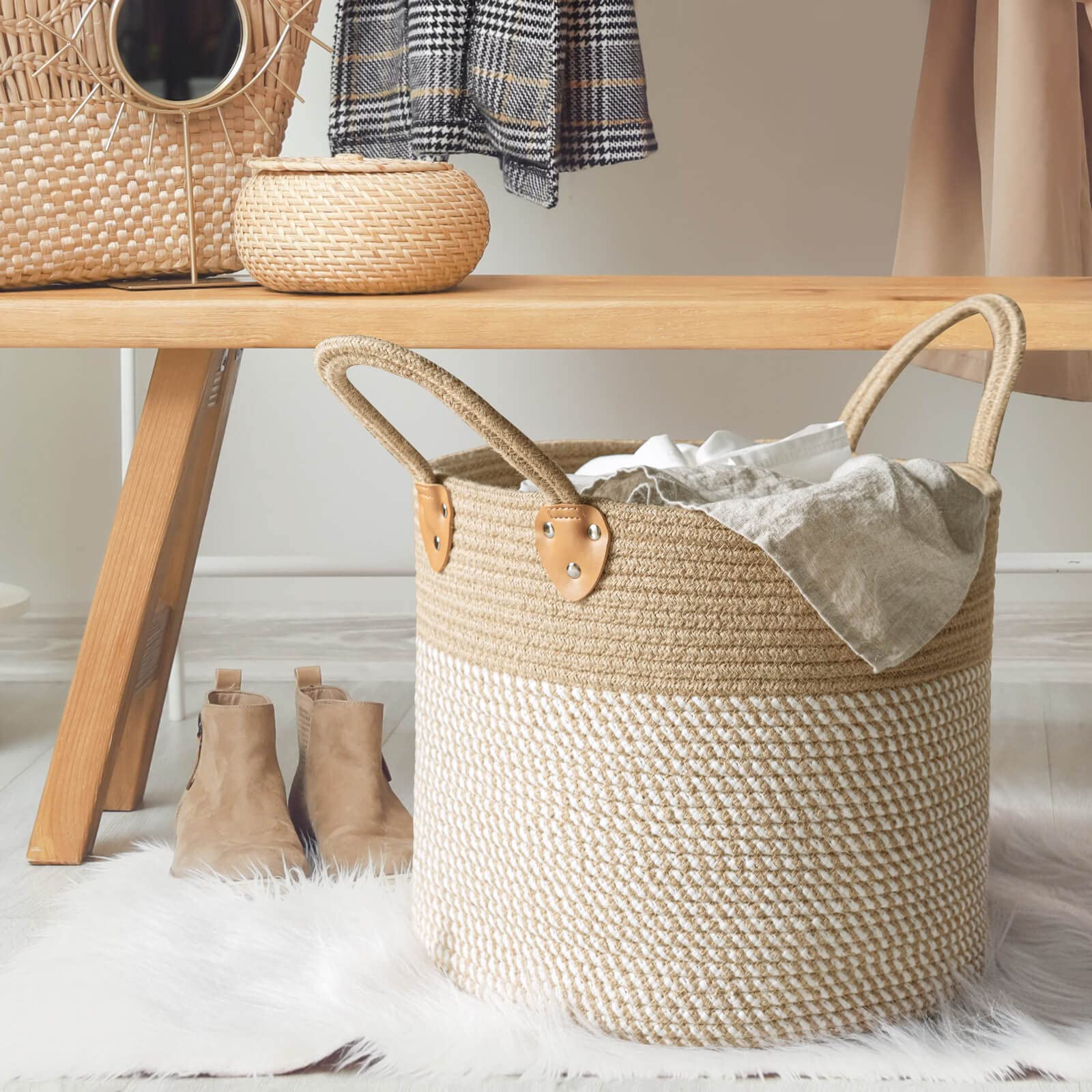 Chicvita Large Jute Basket Woven Storage Basket With Handles - Jute Laundry Basket Toy Towels Blanket Basket Home Decor, White,