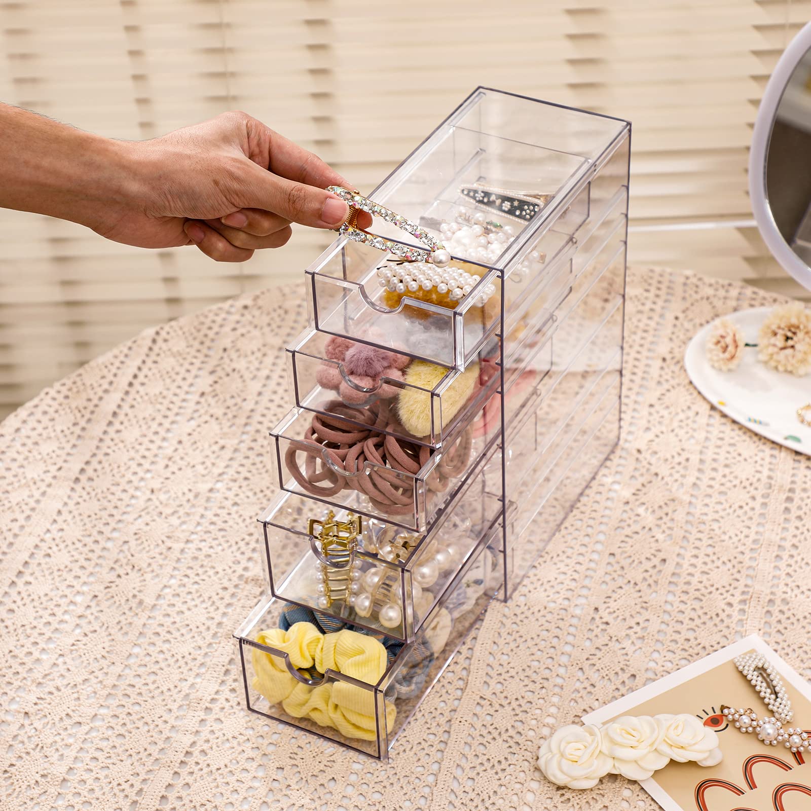 FABROK Clear Hair Accessory Organizer Box with 5 Drawers, Compact Storage Organization Drawers Set for Cosmetics, Glasses, Stati