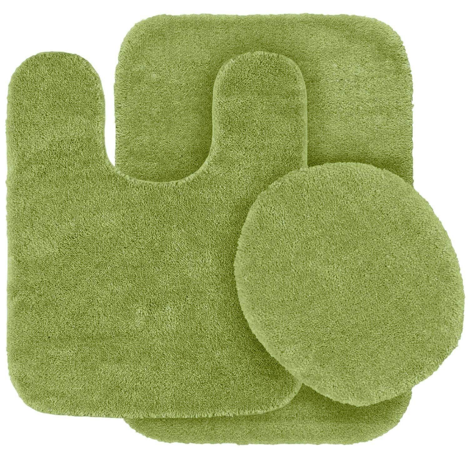 3pc Solid Non Slip Soft Bath Rug Set for Bathroom U-Shaped Contour Rug, Mat and Toilet Lid Cover New# Angela (Lime Green)