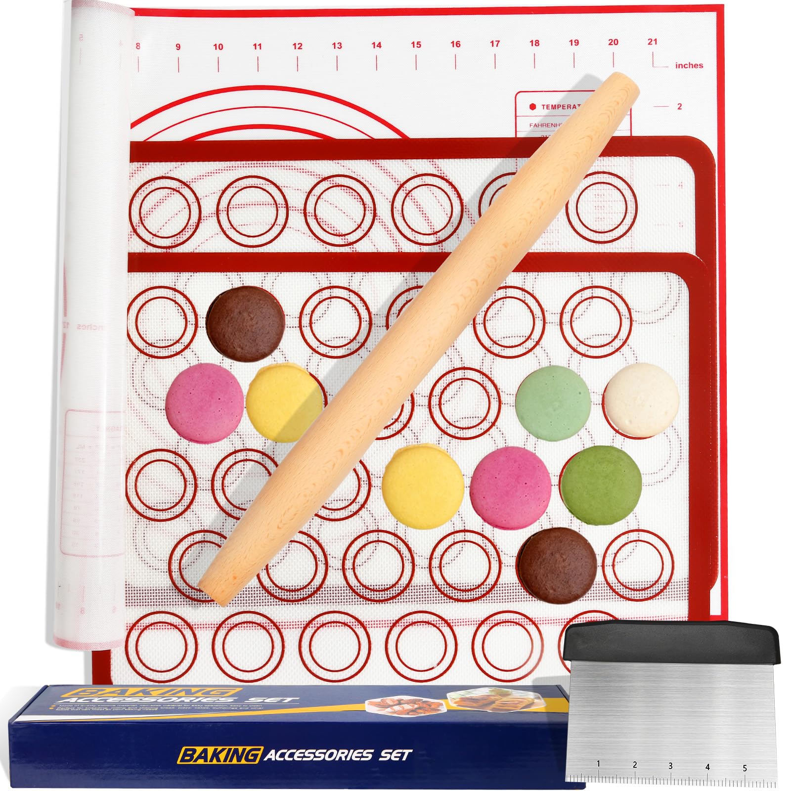 Silicone Baking Mat Sets, Dough Mat With Macaron Baking Mat Pastry Cutter Rolling Pin, Non-Stick Baking Mat, Food Safe Pastry Ma