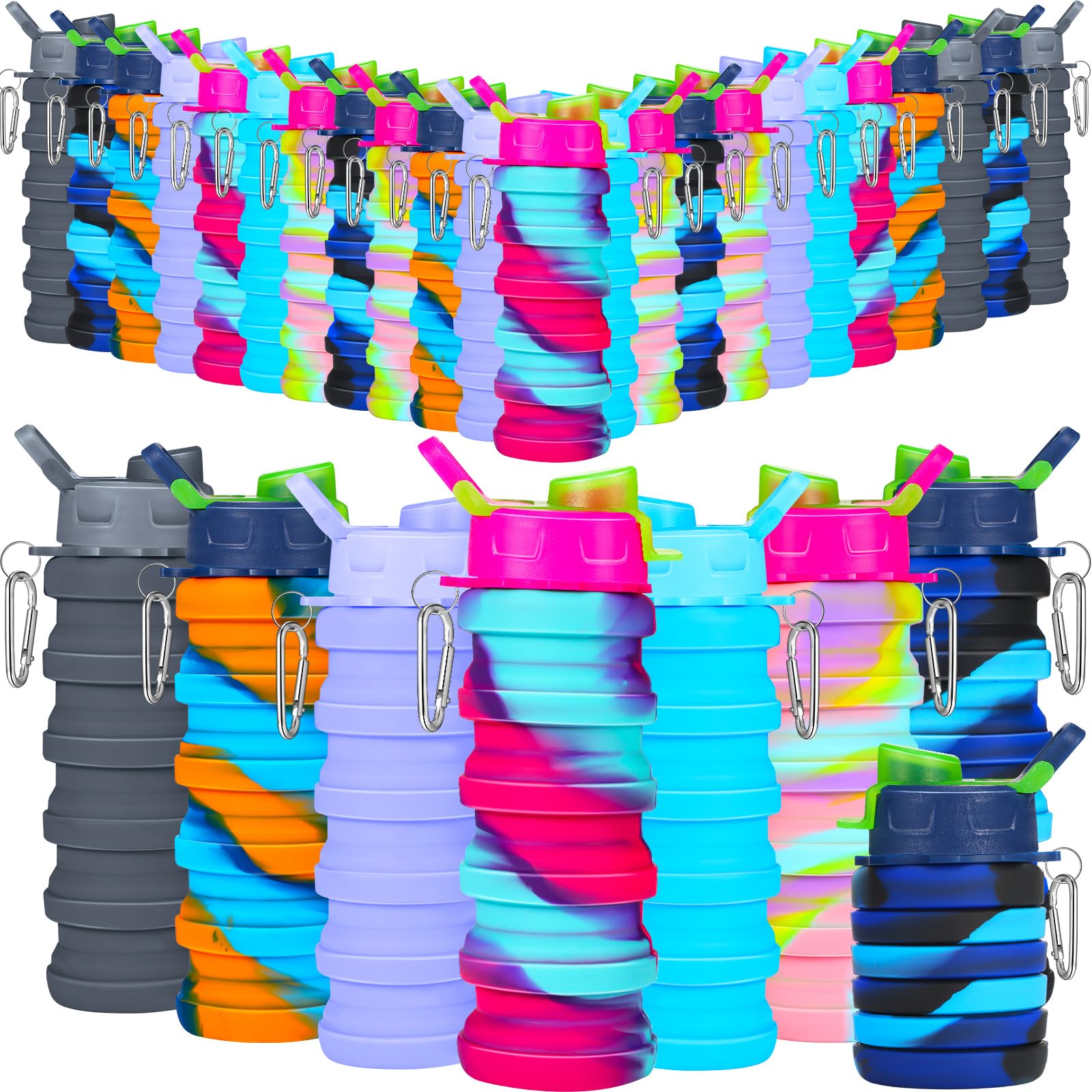 Sunnyray 30 Pack Collapsible Water Bottles Bulk 17oz with Clip, Camouflage