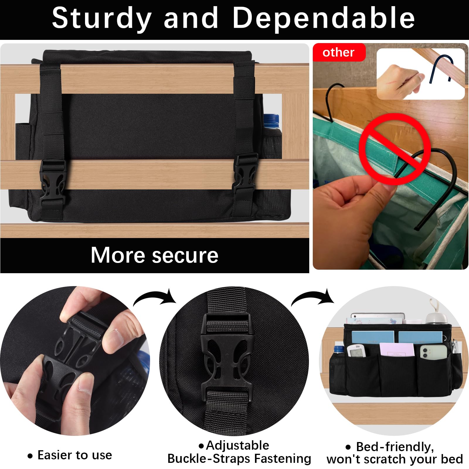 WOMACO Bedside Caddy, Dorm Bed Caddy with Adjustable Strap Buckles, Heavy Duty Multi Pockets Bunk Loft Bed Accessories Hanging O