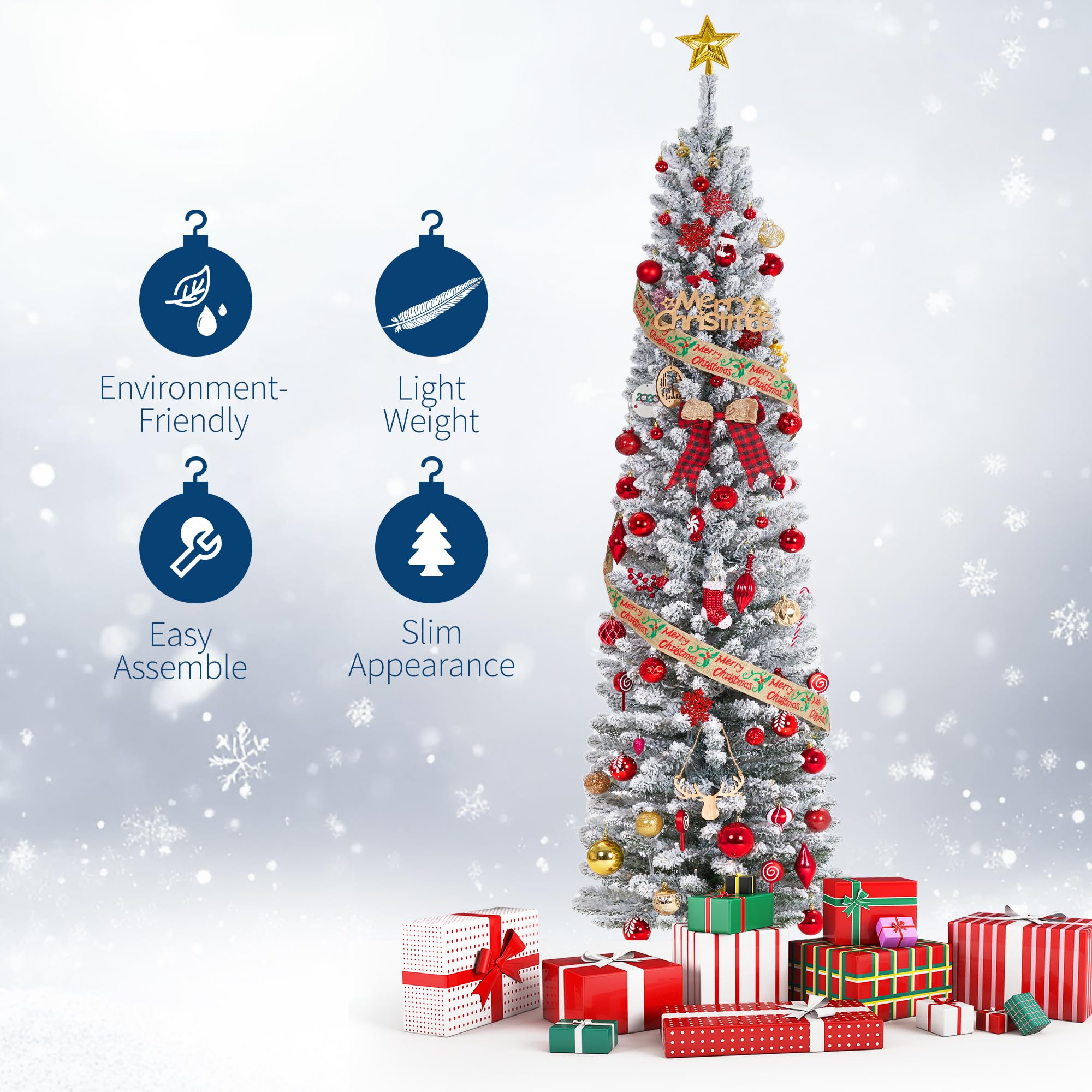 9Ft Pre-Lit Snow Flocked Pencil Christmas Tree, Fir Hinged Slim Skinny Corner Xmas Tree with 310 Incandescent Warm White Lights