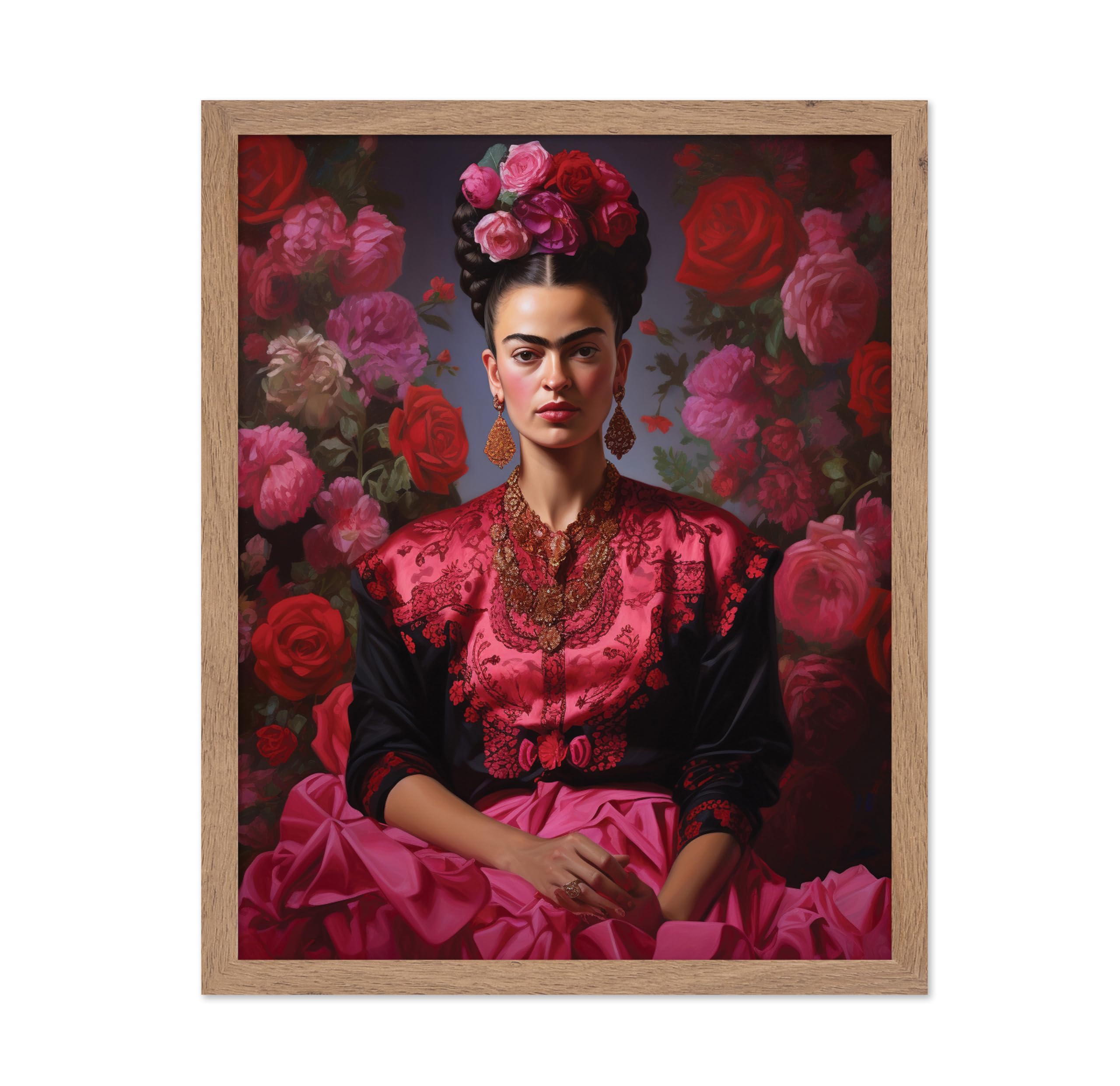 Poster Master Frida Poster - Frida Flowery Portrait Print - Pink Flower Art - Floral Art - Gift for Men & Women - Aesthetic Deco