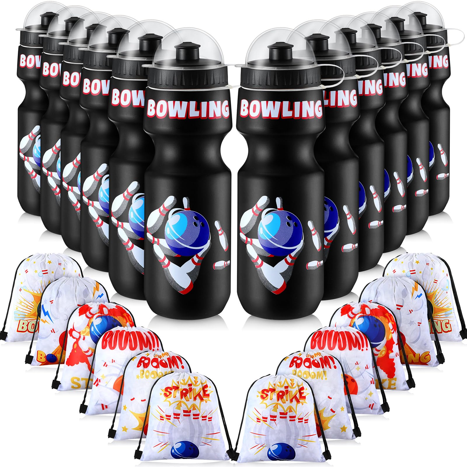 Hosuly 12 Pack Bowling Party Favors Set, Bowling Drawstring Bags & 24 oz Water Bottles, Kids Birthday Party Supplies, Bulk Plast