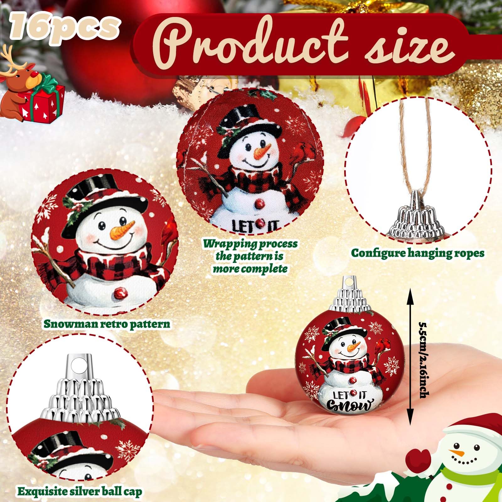 Outus 16 Pcs Christmas Ball Ornaments for Tree Merry Christmas Snow Joy Hanging Ornaments Xmas Santa Claus Snowman Balls for Tre