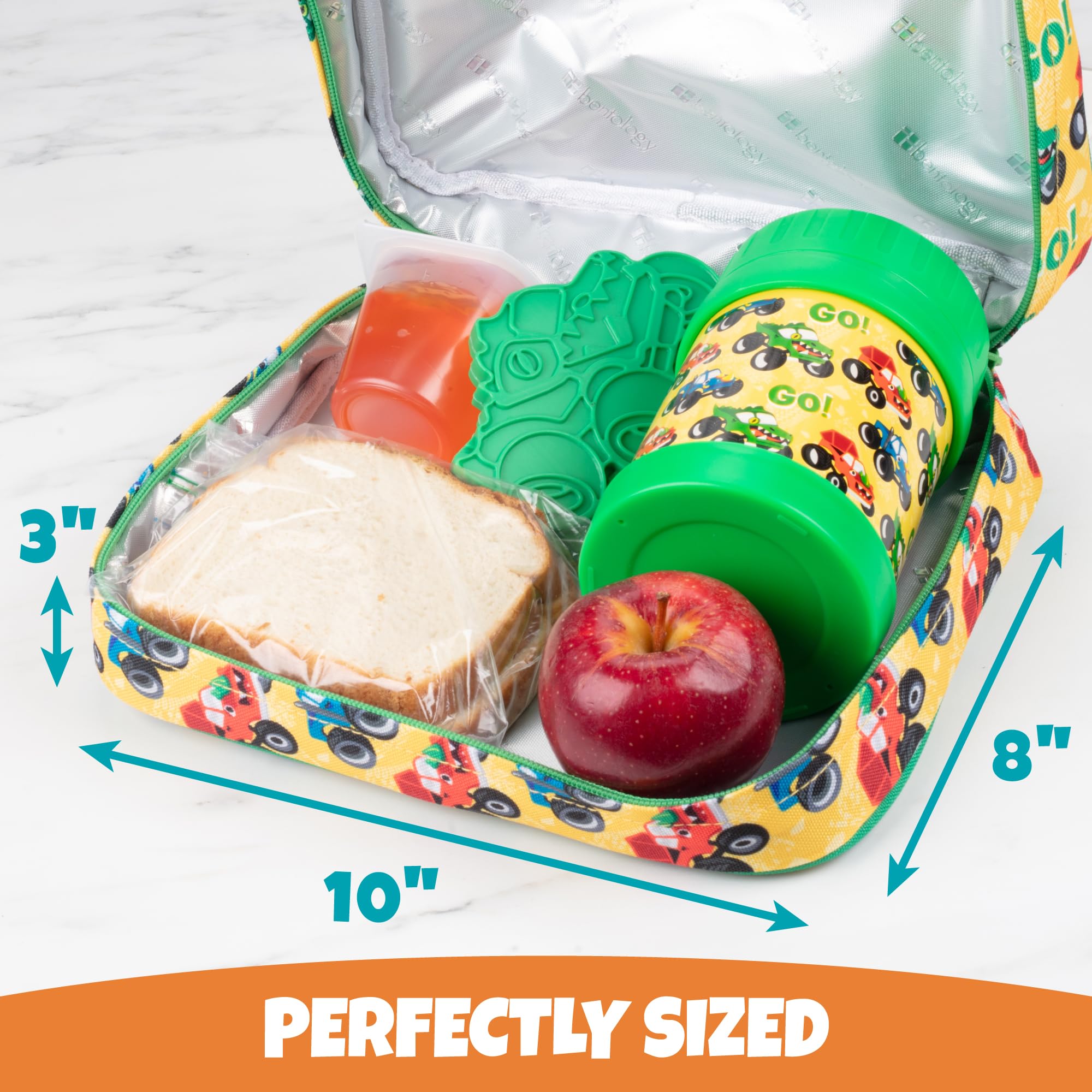 Bentology Lunch Box for Boys - Kids Insulated  Durable Lunchbox Tote Bag Fits Bento Boxes  Containers and Bottles  Back to School Sleeve Keeps Food Hotter or Colder Longer - Monster Truck
