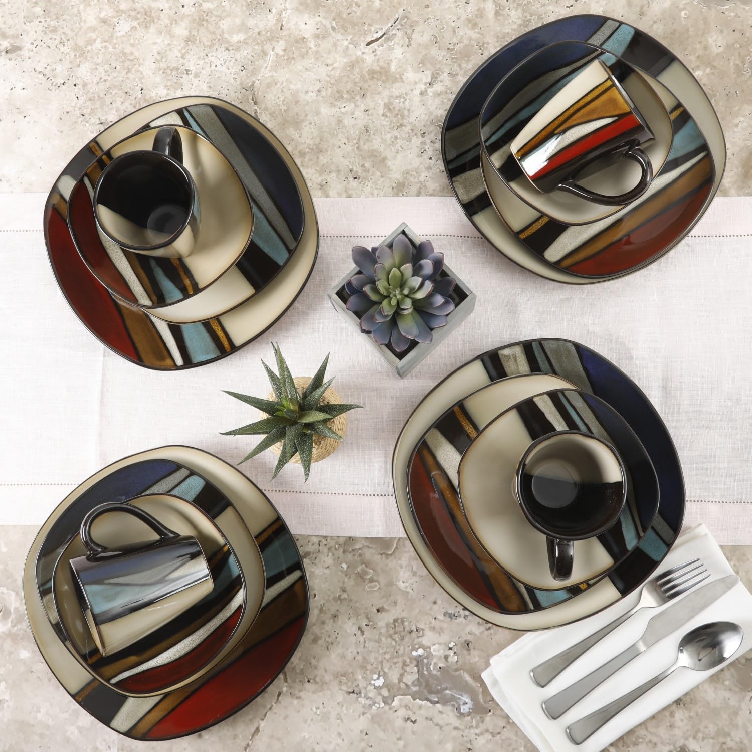 Gibson Elite Althea 16 Piece Reactive Glaze Dinnerware, Multicolor -, Service for 4 (16pcs), Red
