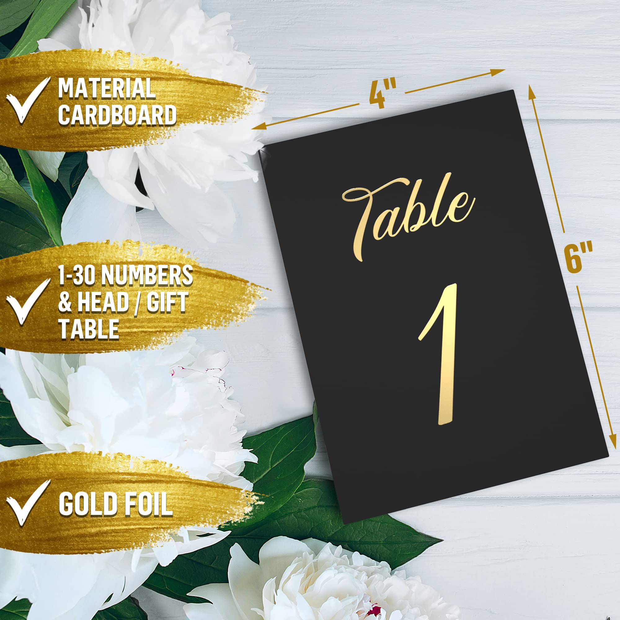 Black Wedding Table Numbers 1-30 With Gold Foil Letters - Table Number Cards 4X6 With Head & Gift Table - Wedding Numbers For Ta