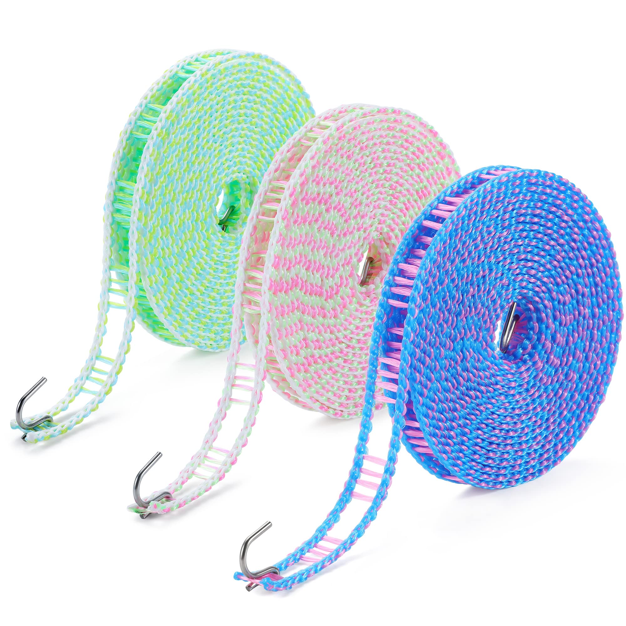 Hisafa 3-Pack Windproof Clothesline With Hooks - Super Strong And Durable, Pe Material, 16Ft - Ideal For Indoor/Outdoor Use & Tr