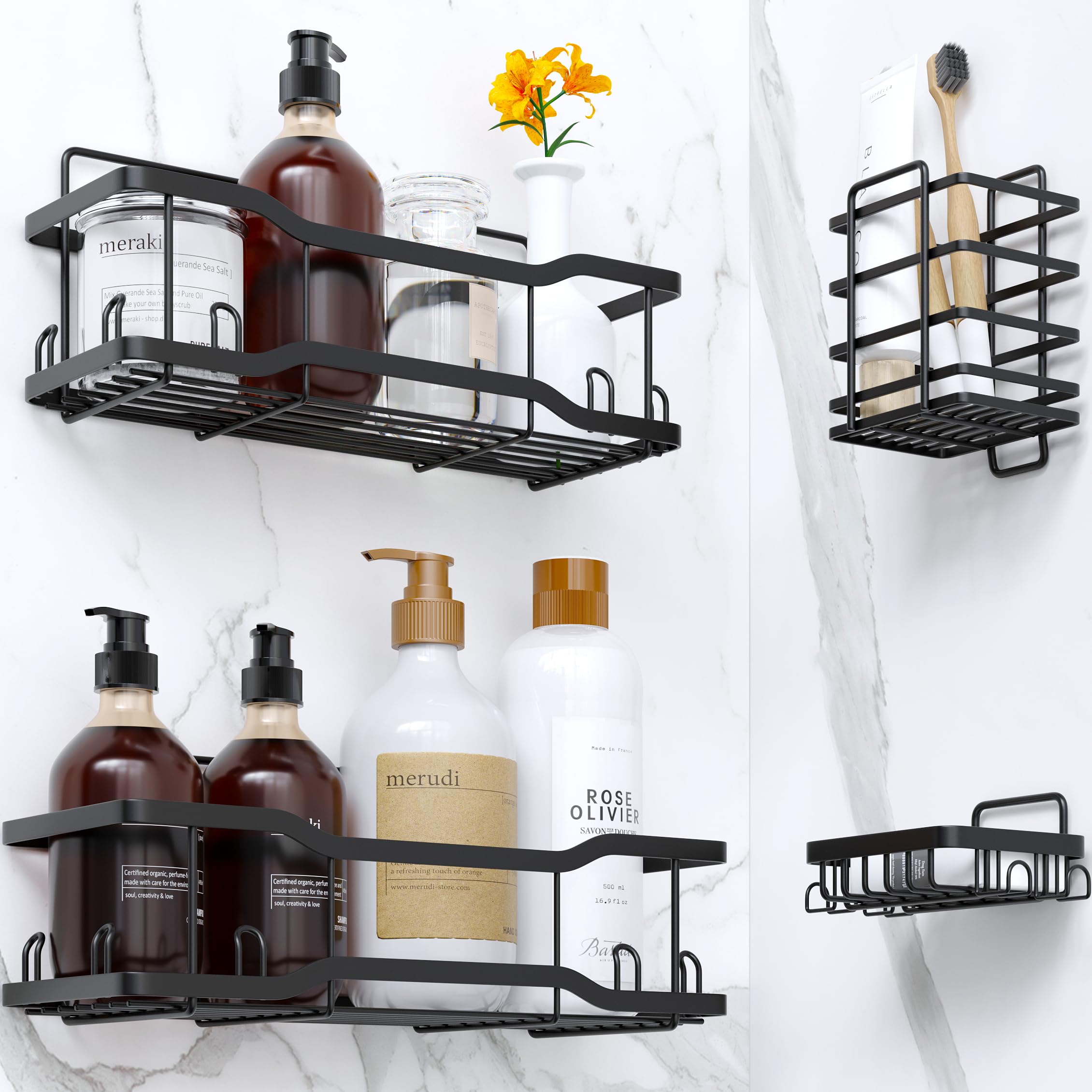Shower Caddy Bathroom Shelves, The Athena Silken Black 4 Set, 40Lb Capacity, Adhesive Tape - No Drill-Rustproof -Gorgeous Powder